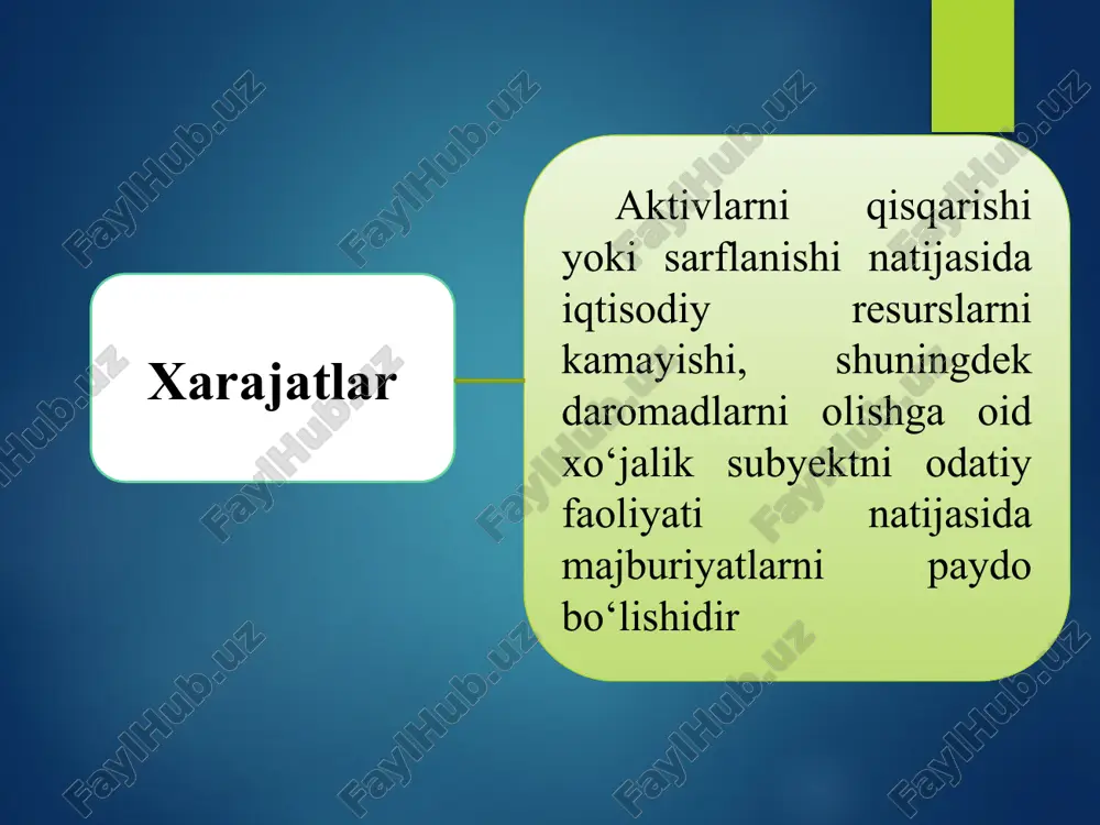 iqarish xarajatlari quyidagilardan iborat mashina va uskunalarni asrash va ishlatish xarajatlari; ishlab chiqarish xususiyatiga ega bo‘lgan asosiy vositalar va nomoddiy aktivlar­ning amortizatsiya ajratmalari; ishlab chiqarishga tayinlangan aso­siy vositalarni ta’mirlash xarajatlari; ishlab chiqarishdagi mulklarni sug‘urtalash xarajatlari; isitish, yoritish va ishlab chiqarish binolarini asrash xarajatlari; ishlab chiqarishda foydalaniladi­gan binolar, mashina va uskunalar, ija­raga olingan boshqa mulklarning ijara to‘lovlari; ishlab chiqarish tusidagi boshqa xarajatlar. 8. mahsulot tannarxini kalkulyatsiya qilish usullari. kalkulyatsiya – mahsulotni ishlab chiqarish uchun qilingan barcha xarajatlarni belgilangan tartibga muvofiq hisoblash jarayonidir savdo tashkilotlarida esa xarajatlarni inventar baholash usuli ham qo‘llaniladi 4-sonli bhmsga muvofiq tannarxni kalkulyatsiya qilish usullari oddiy usul me’yoriy usul buyurtmali usul jarayonli usul oddiy usul - bir turdagi mahsulot (ishlar, xizmatlar)ni ishlab chiqaradigan va yarim tayyor mahsulotlar va tugallanmagan ishlab chiqarishga ega bo‘lmagan tashkilotlarda qo‘llaniladi. ushbu usul qo‘llanilganda hisobot davridagi barcha ishlab chiqarish xarajatlari barcha ishlab chiqarilgan mahsulotlar (ishlar, xizmatlar) tannarxiga kiritiladi. me’yoriy usul - bu usul xom …