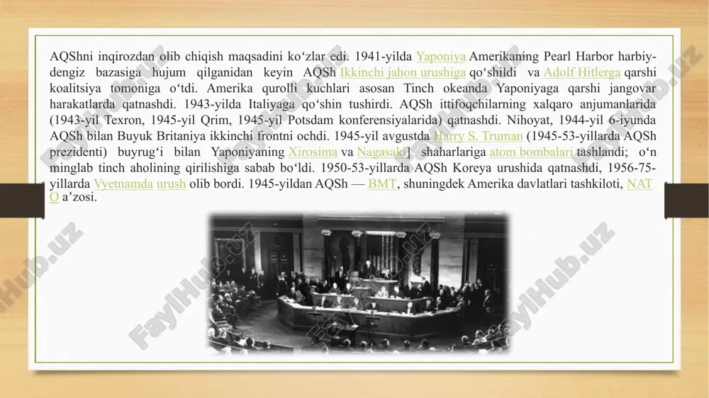 anoat va qishloq xoʻjaligi ishlab chiqarish hajmi, tovar va kapital eksport qilish, ishlab chiqarishning tuplanish va markazlashuvi, ilmiy tadqiqotlarga sarf-xarajat va sh.k. boʻyicha 1-oʻrinda turadi. butun dunyodagi sanoat ishlab chiqarishning uchdan bir qismi aqsh ulushiga toʻgʻri keladi. xalqaro boshqaruv taraqqiyoti instituti oʻtkazgan tadqiqot maʼlumotlariga koʻra, 1994-96-yillarda iqtisodiy rivojlanish nuqtai nazaridan yetakchi davlatlar oʻrtasida ham aqsh birinchi oʻrinda turibdi. transporti ichki yuk tashishda temir yoʻl, avtomobil transporti, ichki suv transporti, dengiz transporti, havo transporti, gaz va neft quvurlari muhim ahamiyatga ega. asosiy dengiz portlari: nyu-york, filadelfiya, baltimor, yangi orlean, xyuston, san-fransisko, buyuk koʻllarda — chikago, dulut. aviatsiya qatnovi asosiy uzellari — nyu york, chikago, atlanta, los anjeles, mayami, dallas. tashqi savdosi dunyoning turli mamlakatlariga bevosita mablagʻ sarflash koʻpayib bormoqda. eksportda ham, importda ham tayyor mahsulot ustun. aqshdan sanoat va energetika mashina-uskunalari, transport vositalari, kimyo tovarlari, toʻqimachilik va qogʻoz mahsulotlari, koʻmir, oziq-ovqat va yembop don, soya, paxta, tamaki va boshqa mahsulotlar chiqariladi; …