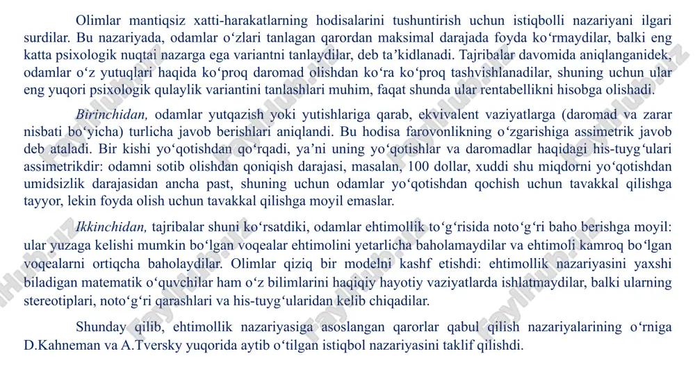 h haqi yuqori bo‘lganda ishlagan soatlar ko‘proq bo‘lishi haqidagi taxminidan farq qiladi. ushbu tadqiqot natijalarining talqini shundan iboratki, taksi haydovchilari ishchi kuchi ta’minoti uchun “bir vaqtning o‘zida bir kun”ning aqliy hisobini o‘rnatadilar va bo‘sh kunlik daromad maqsadini ma’lumotning muhim nuqtasi sifatida belgilaydilar va bu ma’lumotning muhim nuqtasiga erishgandan so‘ng ishdan ketishadi. ushbu talqinda taksi haydovchilari kunlik daromadni yo‘qotishlar nazdida baholaydilar va yo‘qotishdan qochish kunlik daromad ma’lumotning muhim nuqtasiga yetguncha ishlaydi. foydali manbalar: https://en.wikipedia.org/wiki/behavioral_economics https://www.behavioraleconomics.com https://ru.wikipedia.org/wiki/povedencheskaya_ekonomika file:///c:/users/user/downloads/2_abrorov_xasanboyeva++12-20.pdf file:///c:/users/user/downloads/867%20(2).pdf e’tiboringiz uchun rahmat! image1.png image2.jpg image3.jpg image4.jpg image5.jpg image6.jfif /docprops/thumbnail.jpeg