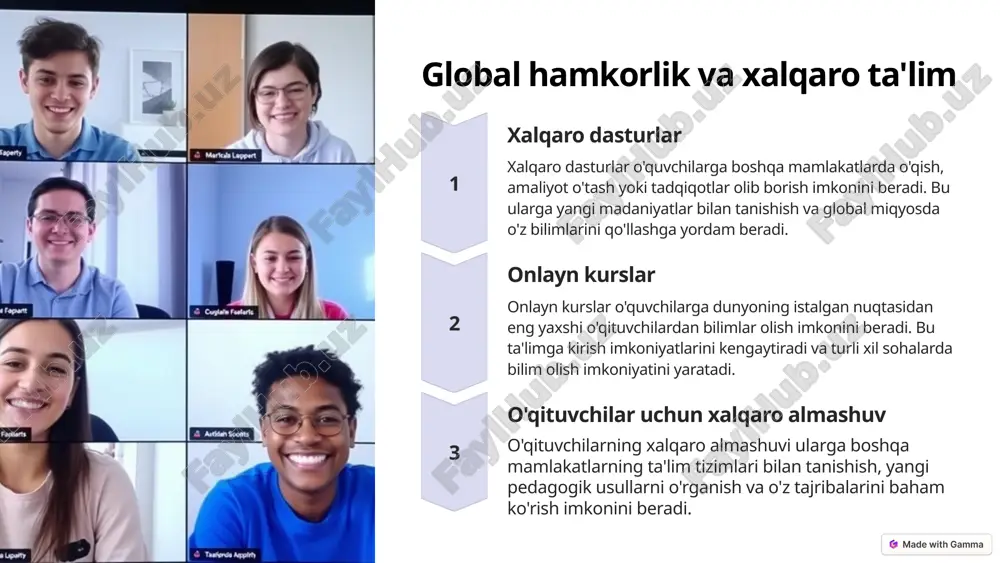 rga bilim olishda yordam beradigan yo'lboshchilar rolini o'ynaydilar. ular o'quvchilarning ehtiyojlariga moslashgan ta'lim usullarini tanlaydilar, o'zlashtirishni kuzatib boradilar va kerakli qo'llab-quvvatlashni taqdim etadilar. 3 o'qituvchilar o'quvchilarga bilim olish uchun zarur bo'lgan ko'nikmalar va bilim sohalarini rivojlantirishga yordam beradigan mentorlar rolini o'ynaydilar. ular o'quvchilarning ijodkorligini va mustaqil fikrlash qobiliyatini rivojlantirishga yordam beradilar. 15 ta'limning globallashuvi 1 xalqaro hamkorlik ta'limning globallashuvi o'qituvchilar va o'quvchilar o'rtasida xalqaro hamkorlikni kuchaytiradi, turli madaniyatlar va tillarni o'rganish imkoniyatlarini oshiradi. 2 onlayn kurslar onlayn kurslar orqali o'quvchilar dunyoning turli burchaklaridan kelgan o'qituvchilarning bilimlariga erisha olishadi, bu esa ta'lim imkoniyatlarini kengaytiradi. 3 madaniy almashinuv o'quvchilar turli mamlakatlardagi o'qituvchilar va o'quvchilar bilan muloqot qilish orqali o'z dunyoqarashini kengaytiradi, boshqa madaniyatlar va tillarni o'rganadi. 16 texnologiyaning ta'limda roli 1 o'quv materiallariga kirish texnologiyalar o'quvchilarga turli xil o'quv materiallari, videolar, o'yinlar va interaktiv mashqlarga kirish imkoniyatini beradi. 2 o'quv jarayonini yaxshilash texnologiyalar o'qituvchilarga o'quv jarayonini boshqarish, o'quvchilarning progressini kuzatish va shaxsiylashtirilgan …