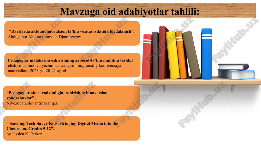 ni tajribali mutaxassislar va pedagoglar ishtirokida olib borish. maktab direktori va maktab jamoasi har chorakda mediasavodxon zamonaviy pedagog shakllanadi. 2 akt dan foydalanish ko‘nikmalari va mediasavodxonlik haqida doimiy o‘rgatilmasligi. “mentorlik dasturi”ni tashkil etish akt va mediasavodxonlik bo‘yicha tajribali mutaxassislarni maktablarga jalb qilib, pedagoglarga yordam berish. maktab direktorlari akt savodxonlik guruhlari har chorakda xxi asr ko‘nikmalariga ega pedagoglar jamoasini vujudga kelishi. e’tiboringiz uchun rahmat! image1.png image2.png image3.jpeg image4.jpeg image5.jpeg image6.jpeg image7.png image8.png image9.png image10.png image11.jpeg image12.png image13.png image14.png image15.png image16.png image17.png image18.jpeg image19.png image20.jpeg image21.png image22.png