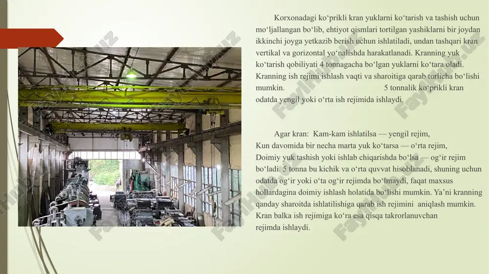 mentini sezilarli darajada kamaytirdim. energiya samaradorligi dastlabki (tkr tizimisiz) holat: • motor quvvati (pkir): 5.5 kvt • foydali quvvat(pchiq): 4.7 kvt • samaradorlik: n n=4.7/5.5*100%=85,45% tristorli boshqaruv bilan holat: • motor quvvati (pkirit): 5.5 kvt (umuman o‘zgarmaydi) • foydali (chiqish) quvvat:5.1 kvt • samaradorlik: n n=5.1/5.5*100% = 92.73% tristorli boshqaruv natijasida motorning foydali ishlashi oshdi va samaradorlik 85.45% dan 92.73% gacha ko‘tarildi. yillik energiya isrofi farqi bu yerda: • pkir — motor kirish quvvati (kvt), • pchiq — foydali chiqish quvvati (kvt), • tyillik — motor ishlash vaqti (soat/yil). motor quvvati: 5.5 kvt dastlabki chiqish quvvat: 4.7 kvt tristorli chiqish quvvat: 5.1 kvt yiliga ishlash vaqti: 2304 soat dastlabki yillik isrof: eisrof=(5.5-4.7)*2304=1843kvtsoat tkr tizimi bilan yillik isrof: eisrof=(5.5-5.1)*2304=921kvt soat tkr tizimida qo‘llanganda yillik energiya isrofi: 1843 kvt-soatdan 921kvt soatgacha kamaydi. bunda esa yiliga 922 kvt-soat energiya tejash mumkin. bazaviy kran balka resurs va iqtisodiy xarajatlari : 84,583,733 mln so‘m loyihalanayotgan …