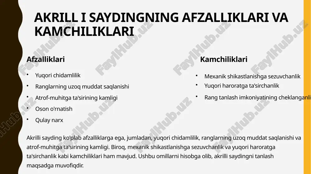 arga bardoshliligini tekshiriladi. 10 ishlab chiqarishda yuzaga keladigan muammolar va ularni bartaraf etish yo'llari rangning notekisligi pigmentlarning noto'g'ri aralashtirilishi yoki sifatsiz pigmentlar ishlatilishi. bartaraf etish: pigmentlarni to'g'ri aralashtirish va sifatli pigmentlar ishlatish. profilning deformatsiyasi sovutish jarayonining noto'g'ri tashkil etilishi yoki uskunaning noto'g'ri sozlanishi. bartaraf etish: sovutish jarayonini to'g'ri tashkil etish va uskunani to'g'ri sozlash. ishlab chiqarishda rangning notekisligi, profilning deformatsiyasi va boshqa muammolar yuzaga kelishi mumkin. rangning notekisligi pigmentlarning noto'g'ri aralashtirilishi yoki sifatsiz pigmentlar ishlatilishi natijasida yuzaga keladi. profilning deformatsiyasi sovutish jarayonining noto'g'ri tashkil etilishi yoki uskunaning noto'g'ri sozlanishi natijasida yuzaga keladi. muammolarni bartaraf etish uchun to'g'ri aralashtirish, sifatli pigmentlar ishlatish va sovutish jarayonini to'g'ri tashkil etish lozim. akrilli saydingning asosiy xossalari akril sayding – binolarni tashqi bezash va himoya qilish uchun ishlatiladigan zamonaviy qoplama materiali bo‘lib, vinil saydingning takomillashtirilgan shaklidir. quyida uning asosiy xususiyatlari keltirilgan: 1. ishlab chiqarish tarixi va rivojlanishi: akril sayding vinil saydingdan keyinroq paydo bo‘lib, vinil …