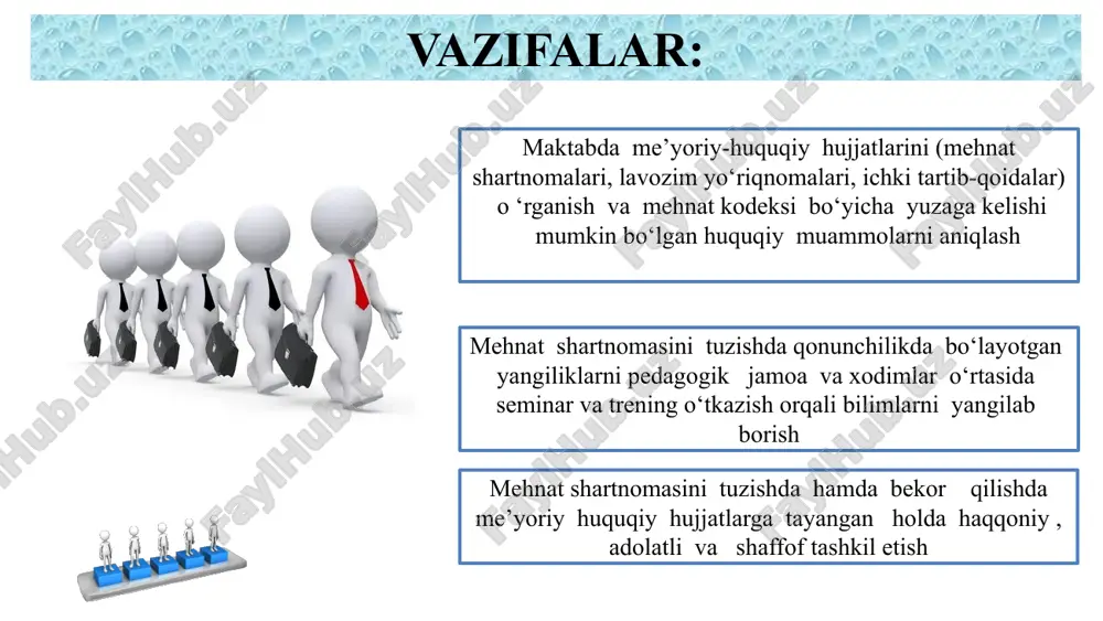 ar asosida adolatli va shaffof , to‘g‘ri tashkil qilinishini ta’minlash xodimlarning huquqiy savodxonligini va mehnat munosabatini rivojlantirish bo‘yicha bilimlarini mustahkamlash uchun hududiy kambag‘allikni qisqartirish va bandlik bo‘limi organlari bilan hamkorlikda o‘quv seminar tashkil qilish. t/r muammo muammoning amalga oshirish mexanizmi mas’ullar muddati kutilayotgan natija 1 maktabda mehnat shartnomasini tuzish amaliyoti va uni qo‘llashda xodim hamda ish beruvchi mehnat shartnomasini mazmun mohiyatini tushunmasligi mehnat qonunchiligi va mehnat shartnomasini tuzish bo‘yicha huquqiy me’yoriy hujjatlar mazmuni o‘rganish maktab direktori, kasaba uyushma raisi, kadrlar bo‘yicha inspektr 2025-2026 o ‘quv yili avgust maktab jamoasi mehnat shartnomasini tuzish bo‘yicha mukammal bilimga ega bo ‘ladi hamda faoliyati samarali tashkil qilinadi. 2 mehnat shartnomasini tuzishda qonunchilikda bo‘layotgan yangiliklarni pedagogik jamoa va xodimlarga yetkazilmaganligi mehnat shartnomasini tuzishda qonunchilikda bo‘layotgan yangiliklarni pedagogik jamoa va xodimlar o ‘rtasida seminar va trening o ‘tkazish orqali bilimlarni yangilab borish maktab direktori, kasaba uyushma raisi,huquq fani o‘qituvchisi. o ‘quv yili davomida direktorlar maktabda mehnat …