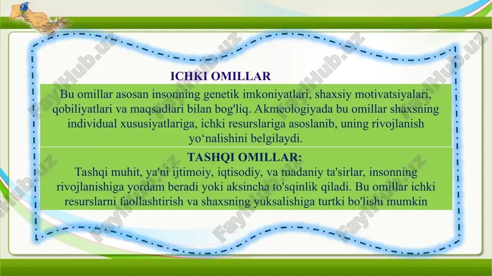 insonga ustunlik taqdim qiladi. hayot va hayotiy faoliyat subyekti prinsipi vazifasi shundan iboratki, u faoliyatning, mehnatning shaxsning hayot yo'lidagi o‘rni, vazifasi, mohiyati va ahamiyatini tushunish, hayotni faqatgina ishdan bo‘sh vaqt emas, balki shaxsning avvalambor o‘z hayotining mazmuni bo‘lgan ish jarayonida amalga oshiruvchi o‘z-o‘zini namoyon qilish vazifasi sifatida anglash. bu eng maqbul usul. zamonaviy ijtimoiy o‘zgarishlaming voqeligi akmeologlarni hayot yo‘li va kasbiy hayotning nomuvofiqligi muammosi bilan yuzma-yuz qiladi. uchuvchi kasbiy hayotining muqarrar yakuni hayotiy fojeaga olib keladi. insonni o‘z joniga qasd qilish, hayot ma’nosini yo‘qotish holatlariga olib keluvchi majburiy ravishda ish bilan bandlikdan mahrum qilish sifatidagi ishsizlik vaziyatlari fojeali. qayta kasb tanlash muammolari ham oson emas, ayniqsa, ularni hayot yo‘lining nisbatan kechki pallasida hal etishga to‘g‘ri kelsa. bu akmeologik fanining nafaqat insonning imkoniyatlarini oshirishga, balki unga ushbu imkoniyatlarni yo‘qotmaslikka sharoit yaratishga yo‘naltirilgan muammoli maydonidir. hayot faoliyati va hayot yo‘li prinsipi: akmeologik muammolar sirasiga s.l.rubinshteyn va uning maktabi asarlarida rivojlantirilgan yashirin va …