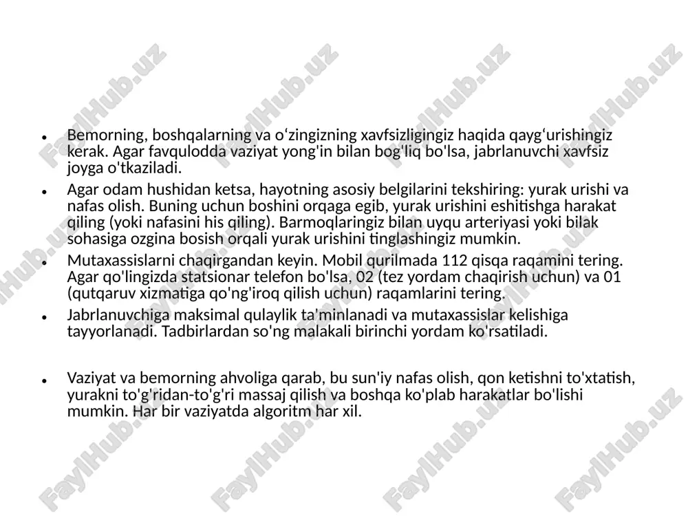 odamning ko'kragi 3-4 santimetr chuqurlikda egilishi kerak. agar jabrlanuvchi chaqaloq bo'lsa, massaj o'rta va ko'rsatkich barmog'i bilan, bir qo'l bilan amalga oshiriladi. maktab o'quvchilariga birinchi yordam ko'rsatish bir qo'lning tagida amalga oshiriladi. agar siz bir vaqtning o'zida yurak mushaklarini massaj qilsangiz va o'pkaning sun'iy shamollatilishini amalga oshirsangiz, har ikki nafasda sternumga taxminan 15 marta bosim o'tkaziladi. suvdagi baxtsiz hodisalar paytida jabrlanganlarga yordam bering birinchi yordam quyidagicha ko'rsatiladi: jabrlanuvchi suvdan chiqariladi. buni juda ehtiyotkorlik bilan qilish kerak, chunki cho'kayotgan odam vahima ichida mumkin bo'lgan hamma narsani tortib oladi. u tortib oladisiz pastga. siz unga orqa tomondan suzishingiz, qo'llaringiz yoki sochingizdan ushlashingiz kerak. shu bilan birga, bosh suv yuzasidan yuqorida ushlab turiladi. sohilda odam boshi butun tanadan pastroq boʻlishi uchun qorni tizzasiga qoʻyiladi. agar jabrlanuvchida hayot belgilari boʻlmasa, shoshilinch ravishda oʻpkasini sunʼiy ventilyatsiya qiling. buning uchun og'iz axloqsizlik va suv o'tlaridan tozalanadi. keyin, yurak massaji bilan almashtirib, og'izdan og'izga nafas olishingiz kerak. …