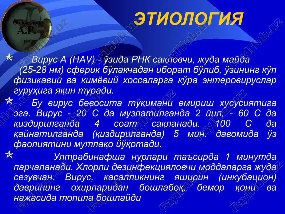 ) 5) virusli gepatit delta (vgd) b. klinik belgilarning rivojlanishi buyicha: 1) sarikli, sariksiz, noanik (bilinar-bilinmas, belgili) 2) klinikbelgilarsiz (inapparant) v.davomiyligi buyicha: 1) utkir 2) davomli 3) surunkali g. kasallikning kechishi: 1) engil 2) urtacha ogir 3) ogir 4) uta ogir - fulminant (shiddat) virusli gepatitlar tasnifi d. asoratlari: 1)utkir jigar entsefalopatiyasi: uje i-ii (prekoma), iii-iv(koma) 2) zurikish (klinik, fermentativ) 3)ut yuli faoliyatining buzilishi va yalliglanishi e. okibati buyicha: 1)sogayishi 2) koldik okibatlari: gepatomegaliya, chuzilgan sogayish 3)virus tashuvchanlik; 4) surunkali persistik gepatit (spg) 5) surunkali faol gepatit (sfg) 6) jigar tsirrozi; 7) jigarning birlamchi xavfli usmasi (gepatoma) klinika virusli gepatit a kechishida yashirin, boshlangich, sargayish (yoki kasallikning avj olgan davri), kasallikni belgilarini orkaga kaytish va rekonvaletsent (kasallikdan tuzalishi) davrlari kuzatiladi. yashirin davrining davomiyligi 14-50 kunni tashkil kiladi. sariklik oldi davri: dispeptik (ishtaxasizlik, kungil aynishi, kusish, korinda ogrik, ung kovurga ostida ogirlik xissi). astenovegetativ (injiklik, uyinkaroklik yukolishi, uyku bosishi). kataral (tana …