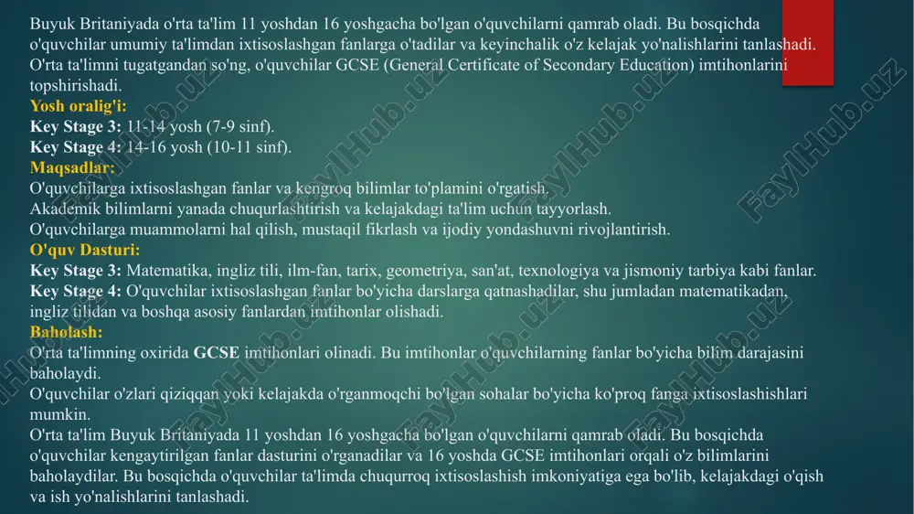 age 1 (primary education - key stage 1) key stage 1 (ks1) buyuk britaniyada boshlang'ich ta'limning birinchi bosqichi bo'lib, 5-7 yoshdagi bolalarni o'z ichiga oladi. bu davrda bolalar asosiy akademik ko'nikmalarni rivojlantirishni boshlaydilar va o'quvchilarga matnni o'qish, yozishni va asosiy matematikani o'rgatish bilan bir qatorda, ijtimoiy va hissiy ko'nikmalarni ham rivojlantirishga qaratilgan. yosh oralig'i: 5-7 yosh (1-2 sinf). maqsadlar: o'quvchilarga asosiy akademik fanlar bo'yicha boshlang'ich bilimlarni o'rgatish. matematika, ingliz tili, san'at, fan, va ijtimoiy fanlar asoslarini o'rgatish. bolalarga o'z-o'zini boshqarish, ijtimoiy munosabatlar va axloqiy qadriyatlarni o'rgatish. o'quv dasturi: ingliz tili: o'qish, yozish, tinglash va gapirish ko'nikmalarini rivojlantirish. matematika: sonlar, asosiy hisoblash amallari, va geometrik tushunchalar. san'at va dizayn: rasm chizish, ranglar bilan ishlash, san'at asarlarini yaratish. fan: tabiatshunoslik, hayvonlar, o'simliklar va atrof-muhit haqida boshlang'ich tushunchalar. baholash: key stage 1 oxirida bolalar rivojlanishlarini baholash uchun o'quv dasturlarining yakuniy testlarini topshiradilar. baholash davomida o'qituvchilar bolalarning akademik bilimlari va ijtimoiy ko'nikmalarini baholaydilar. boshlang'ich …