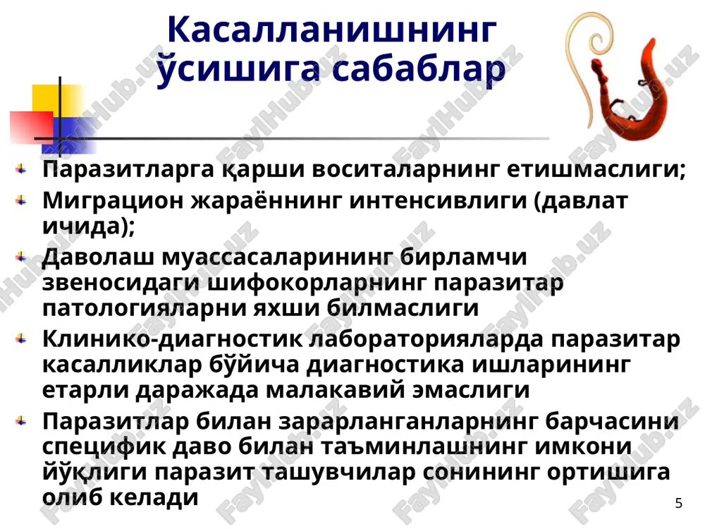 ish” (autoinvaziya) yoki “takroran o'z-o'ziga yuqtirish” (autosuperinvaziya) hisobiga invaziya birmuncha uzoq davom etishi mumkin. odam organizmida yuzlab jinsiy etilgan gijjalarni aniqlash mumkin. * geminolepidoz − hymenolepis nana (vampirolepis nana) * gimenolepidoz qo'zg'atuvchisi – pakana gijjaning hayot tsikli * gimenolepidozning patogenezi gimenolepidozning patogenezida quyidagi omillar muhim rol o'ynaydi: parazitning mexanik ta'siri – lichinkalar ichak vorsinkalarini shikastlaydi, etilgan gijjalar ichak shilliq pardasini jarohatlaydi. toksik ta'siri – parazit to'qimalarni lizis qiluvchi modda ishlab chiqaradi. xo'jayin organizmining parazit ishlab chiqargan mahsulotlariga sensibilizatsiyasi fermentativ jarayonlarning buzilishi va oqibatda disbakterioz rivojlanishi * gimenolepidozning klinikasi asosan subklinik kechadi. og'riq sindromi: qorinning o'ng yonbosh sohasida joylashgan simillovchi yoki kesuvchi, xurujli, ovqat iste'mol qilishga bog'liq bo'lmagan og'riqlar, steatoreya rivojlanadi. dispeptik sindrom: ishtaha kamayishi, ko'ngil aynish, noturg'un bo'tqasimon najas. asteno-nevrotik sindrom: bosh og'rishi, bosh aylanishi, umumiy holsizlik va kuchli charchash, ta'sirchanlik, hotiraning susayishi, parishonhotirlik, mushaklarda talvasali tirishishlar, epileptik tutqanoqlar, teri qoplami oqargan, ozib ketish, tana haroratining ko'tarilishi. enterokinaza, ishqoriy fosfataza, …