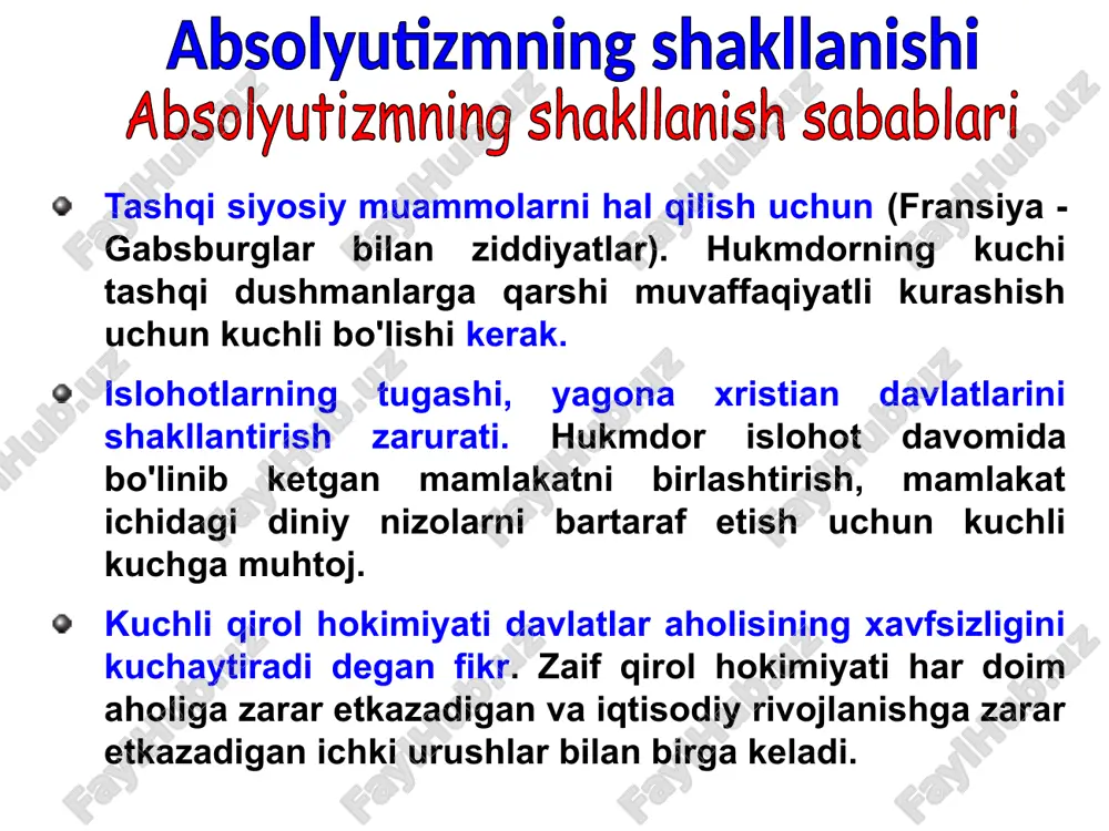 irokida monopol savdo kompaniyalari tuzildi: ost-indiya, vest-indiya, levantiya kompaniyalari. flot qurilishiga moliya ajratilar edi. «kolbertizm» siyosati yirik markazlashgan manufakturalarning tashkil eitilishiga, frantsuz floti va dengiz savdosining o'sishiga turtki berdi. lyudovik xiv davridagi yirik urushlar frantsiya uchun og'ir yuk edi. davlat – bu men! " xudoning irodasi shundaki, har qanday qaram bo`lib tug'ilgan so'zsiz itoat qilishi kerak"" 2. lyudovik xiv absolyutizmi absolyutik monarxiyaning mafkuraviy tayanchi katolik cherkovi edi. mamlakatning siyosiy markazlashuvi diniy-cherkov unifikatsiya bilan birgalikda olib borilardi. gugenotlarga qarshi diniy ta'qiblar kuchaydi. 200-300 minga yaqin gugenotlar frantsiyani tark etdilar. katolik cherkovining o'zida ham muholifat oqimi-yansenistlar oqimi vujudga keldi (gollandiyalik dinshunos yanseniy tarafdorlari). bu oqimning markazi parij yonidagi por-royal ibodatxonasi edi. ma'rifatli doiralarda r.dekart tomonidan ishlab chiqilgan dunyoqarashning ratsionalistik tizimi keng tarqaldi. xvii asrning oxiri-xviii boshlarida «libertintlik»-erkin fikrlik va diniy skeptitsizm kuchaydi. bu oqimning yorqin namoyandasi p.beyl edi. xvii asrning ikkinchi yarmi frantsuz madaniyatining o'sish davri edi. fanlar akademiyasi (1666), me'morchilik, rasomchilik …