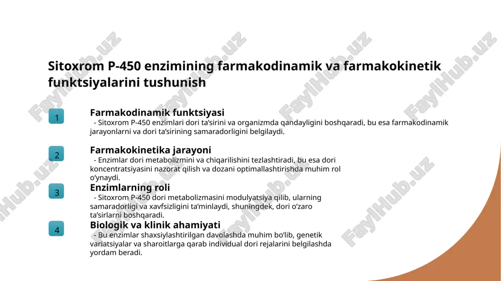 li qiladi. dori-metabolizm tezligi p-450 enzimlarining faoliyati dori metabolizmining individual tezligini belgilaydi, bu esa dozalarni optimallashtirish va noxush ta'sirlarni oldini olishda muhim ahamiyatga ega. klinik sharoitda qo’llash shaxsiylashtirilgan davolashda genetik testlar va farmakogenetik ma'lumotlar yordamida individual dori dozalarini belgilash, xavfsizlik va samaradorlikni oshiradi. farmatsevtik tahlil va diagnostika uchun induktorlar va ingibitorlarning klinik qo’llanilishi 1 farmatsevtik tahlil usullari induktorlar va ingibitorlarni aniqlash uchun chromatografiya va mass-spektrometri kabi aniq va sezgir usullar qo’llaniladi, bu esa dori reaktsiyalarini kuzatishda muhimdir. 2 diagnostik testlar klinik diagnostikada genetik va fenotipik testlar yordamida cyp450 mexanizmlari va dori metabolizmi bo’yicha shaxsiy javoblarni baholash imkonini beradi. 3 klinik qo’llanilish misollari induktorlar va ingibitorlar yordamida dori dozalarini individual tarzda moslashtirish, xavfsizlikni oshirish va dori-to’qnashuvlarni kamaytirish uchun ishlatiladi. dori-moddalar o’rtasidagi interaktsiyalarni boshqarish: sitoxrom p-450 mexanizmlarining muhimligi dori-moddalar o’zaro ta’siri induktorlar va ingibitorlarning roli klinikal muhimliklar sitoxrom p-450 enzimlari dori-moddalar o’rtasidagi metabolik ta’sirlarni boshqaradi. induktorlar yoki ingibitorlar bu ta’sirlarni kuchaytirishi yoki …