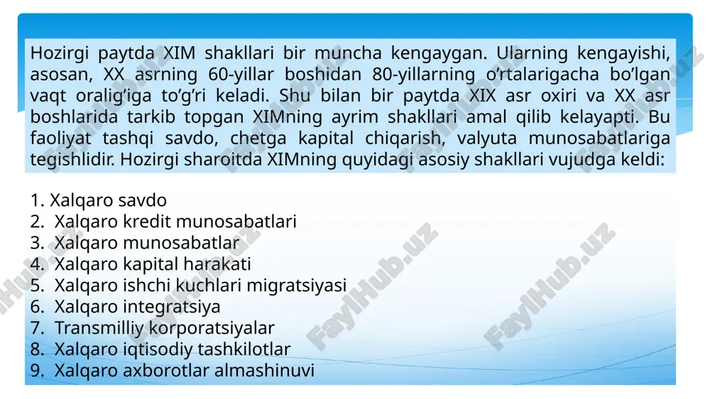 oramol, parranda, go’sht va go’sht mahsulotlari, choy va choy xom ashyosi, don, javdar va boshqalar), farmatsevtika dori-darmonlari, charm xom ashyosi uchun import bojxona badallari bekor qilindi. nol darajali stavkadagi mahsulotlar turkumi soni 73 tadan 497 ga ko’paydi. erkin savdo hududini yaratish kelishuvini imzolagan mamlakatlar (ozarbayjon, armaniston, belarussiya, ukraina, tojikiston, turkmaniston) bojxona hududidan import qilingan mahsulotlardan bojxona badali olinmaydi 4. o’zbekistonning tashqi iqtisodiy siyosati va uning amalga oshirilishi 15 o‘zbekiston janubiy osiyo mamlakatlari, xususan hindiston va pokiston bilan savdo-sotiq, transport-kommunikatsiya, turizm kabi sohalarda har taraflama va o‘zaro manfaatli hamkorlikni rivojlantirishni qo‘llab quvvatlaydi. o‘zbekiston musulmon dunyosi davlatlari bilan o‘zaro manfaatli aloqalarni iqtisodiyot, transport kommunikatsiyasi, moliya, investitsiya va sayyohlik sohalarida, shu jumladan islom hamkorlik tashkiloti va islom taraqqiyot banki doirasida faol rivojlantirish va mustahkamlashdan manfaatdor. o‘zbekiston bmt ishida faol ishtirok etishni davom ettiradi, hamda uni xalqaro tinchlik va xavfsizlikni ta’minlashga, tezkor globallashuv jarayonida davlatlarning barqaror rivojlanishida ko‘maklashishga mas’ul bo‘lgan yagona universal tashkilot sifatida …