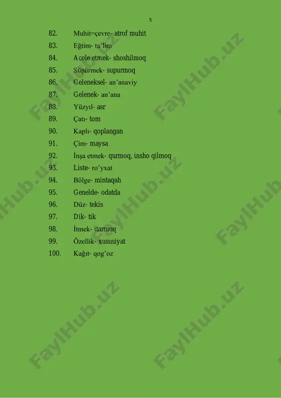 29. bulaşmak- yuqmoq 30. i̇ade etmek- qaytarib bermoq 31. koltuk değneği- qo’ltiq tayoq 32. muayene etmek- davolamoq 33. kalp damar hastalıkları- yurak qon tomir kasalliklari 34. kalp krizi- yurak huruji 35. alzheimer- altsgeymer kasaligi 36. kronik akjiğer hastalığı- surunkali o’pka kasalligi 37. nefes borusu – nafas yo’li 38. bronş- bronxet 39. ihsallı hastalıklar- diareyega aloqador kasalliklar 40. taslak- qoralama 41. çaba harcamak- mehnat qilmoq 42. alıkoymak- 1. bir muddat bir yerda tutib turmoq. 2. birini qilmoqchi bo’lgan yoki xohlagan ishidan uzoq tutısh. 3. ayşrşb saqlamoq. 4. mahrum etmoq. 5. to’g’onoq bo’lmoq 43. belirgin- aniq 44. gergenlik- asabiylik 45. kaygı- tashvish 46. saplantı- odamning o’zi ham nazarot qila olmaydigan odat, ish- harakat 47. takıntılı- obsesif tarzda 48. diyet yapmak- parhiz qilmoq 49. abur cubur- mayda chuyda(sog’liq uchun zararli yeguliklar) 50. eklem- bo’g’im 14 51. migren- yarim bosh og’rig’i 52. zinde- sog’lom 53. kronik- surunkali 54. otistik hastalık- ich kasalliklar 55. alerji- …