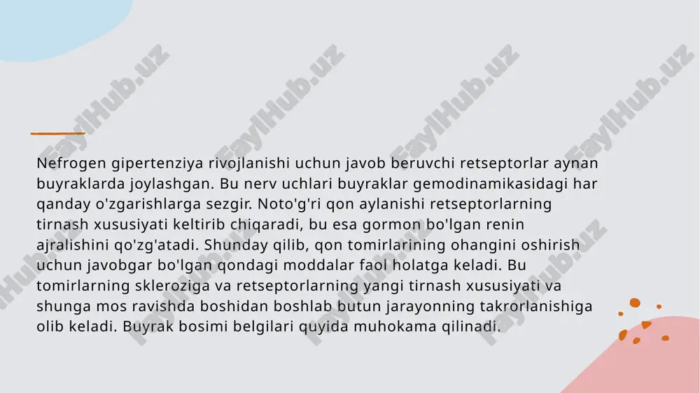 ozanatini va qon bosimini tartibga solishda asosiy mexanizm bo'lib, buyraklar orqali faoliyat ko'rsatadi. gormonlar va buyraklarning filtratsiya jarayonidagi roli: qon bosimiga ta'sir. 01 gormonlar va buyraklar buyraklar organizmda gormonlarni ishlab chiqaradi, bu esa qon bosimini tartibga solishda muhim rol o'ynaydi va suyuqlik muvozanatini saqlaydi. 02 renin va qon bosimi renin gormoni buyraklar tomonidan ishlab chiqariladi va qon bosimini oshirish uchun angiotensinogenni angiotensinga aylantiradi, natijada qon tomirlarini toraytiradi. 03 antidiuretik gormonlar antidiuretik gormonlar (adh) suyuqlikni qayta so'rish jarayonini boshqaradi, bu esa qon hajmini oshirib, qon bosimini barqarorlashtiradi va gipertensiyani oldini oladi. gormonlar va qon bosimini boshqarish: asosiy mexanizmlar. 1 renin-angiotensin tizimi - renin-angiotensin tizimi qon bosimini oshirishga yordam beradi. bu tizim, buyraklardan chiqariladigan renin gormoni orqali faoliyati boshlanadi. 2 antidiuretik gormon - antidiuretik gormon (adh) suyuqlikni saqlashda muhim rol o'ynaydi. bu gormon buyraklarda suvning qayta so'rilishini oshiradi, qon hajmini ko'paytiradi. 3 aldosteron ta'siri - aldosteron gormoni natriy va suvni qayta so'rilishiga …