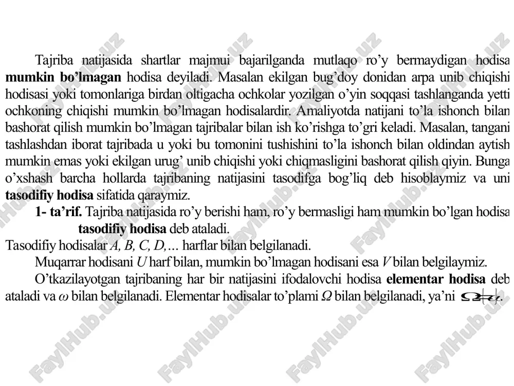 berishi boshqalariga qaraganda kattaroq qulaylikka ega deyishga asos bo’lmasa, bunday hodisalar teng imkoniyatli hodisalar deyiladi. masalan o’yin soqqasining si mmetrik va bir jinsliligidan 1, 2, 3, 4, 5, 6 ochkolardan istalganining chiqishi teng imkoniyatl idir. agar qutida 10 ta bir xil shar bo’ib undan 8 tasi qizil, 2 tasi oq rangda bo’lganda tavakkaliga olingan bitta sharning qizil bo’lishi imkoniyati uning oq bo’lishi imkoni yatidan katta bo’ladi. odatda imkoniyatlarni sonlar bilan xarakterlab, ular solishtiriladi. bu hodisaning ehtimolligi tushunchasi olib keladi. 4. hodisa ehtimolligining ta’riflari 1. hodisa ehtimolligining klassik ta’rifi. biror tajriba natijasida chekli sondagi e 1 , e 2 , e 3 ,…, e n elementar hodisalardan birortasi ro’y berishi mumkin bo’lib bu hodisalar juft -jufti bilan birgalikda bo’lmagan teng imkoniyatli hodisalarning to’la guruhini tashkil etsin . faraz qilaylik n ta e 1 , e 2 , e 3 ,…, e n elementar hodisalarda n m tasi a hodisaning ro’y berishiga …