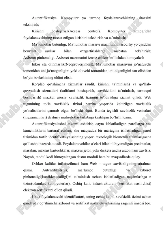cha kimgadir maxfiy xatni imzolash, hisob bo‘yicha pul o‘tkazish yoki elektron kontrakt tuzish uchun, boshqa kishi uchun – hujjat manbaini va imzolovchi shaxsning aslini tekshirib bilish imkonini beradi. nist bir necha boshqa tashkilotlar bilan bu yo‘nalishda ish olib bormoqda. internetga ulangan tarmoqlar xakerlarning tajovuzi tufayli ochiq muloqotga xalal bersa xam brandmauerlar o‘rnatib oldilar. pgp ga o‘xshash mukammal dasturlar bo‘lmaganda ochiq tarmoq bo‘lishi ham mumkin bo‘lmas edi. amaliy tavsiyalar tarmoqni kompyuter tajovuzlaridan himoyalash doimiy va o'z-o'zidan yechilmaydigan masaladir. lekin qator oddiy himoya vositalari yordamida tarmoqqa suqulib kirishlarning ko'pchiligini oldini olish mumkin. masalan yaxshi konfiguratsiyalangan tarmoqlararo ekran va harbir ish stantsiyalari(kompyuterlar)da o'rnatilgan virusga qarshi dasturlar ko'pchilik kompyuter tajovuzlarini barbod etadi. quyida intranetni himoyalash bo'yicha 14 amaliy tavsiya bayon etilgan. xavfsizlik siyosati lo'nda va aniq qo'yilishi lozim. intranet tarmog‘i xavfsizligi bo‘yicha yorqin va sobit qadamlik bilan qo‘yilisini ta'minlaydigan qoidalar va amallar bo’lishi lozim. tarmoq xavfsizligi tizimi uning eng bo'sh joyi qanchalik kuchli himoyalangan …