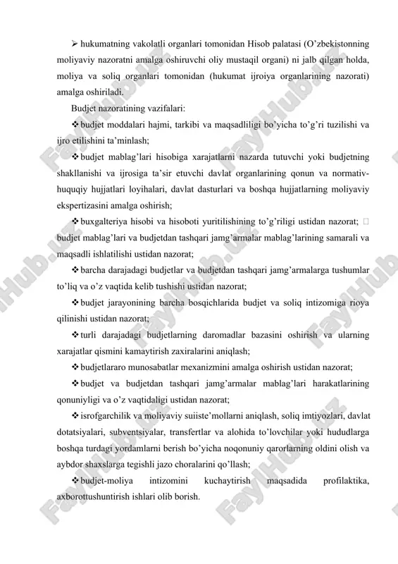 faoliyati moliya-reja hujjatlari (davlat budjeti, mahalliy budjetlar, davlatning budjetdan tashqari jamg’armalari budjetlari, budjet tashkilotlari smetalari, davlat korxonalarining daromadlar va xarajatlar balansi) tizimiga asoslanganini anglatadi, ularni tuzish, tasdiqlash, ijro etish tartibi tegishli normativ hujjatlar bilan belgilanadi. tizimlilik prinsipi nazorat tadbirlarini o’tkazishda nazorat ob’ek-tining barcha tomonlari va uning o’zaro aloqalari vertikal va gorizontal boshqaruv tizimlari bo’yicha ko’rib chiqilishini nazarda tutadi. uzluksizlik prinsipi barcha nazorat ob’ektlari (boshqariladigan tizim) nazorat sub’ektlari (tizimni boshqaruvchilar) tomonidan doimiy ravishda amalga oshiriladigan dastlabki operativ va davriy nazorat, ularning faoliyatlari shartlari va xususiyatlaridan kelib chiqib belgilangan muddatlarda nazorat ostida bo’lishini anglatadi. bu rejalar va vazifalarning bajarilishi ustidan doimiy kuzatishni, belgilangan ko’rsatkichlardan og’ishlar aniqlanganda faoliyatga tuzatishlar kiritish choralari ko’rilishini ta’minlaydi. nazoratning samaraliligi prinsipi moliya-xo’jalik faoliyatidagi me’yordan og’ishlarni va ularning sabablarini o’z vaqtida va to’liq aniqlashda, shuningdek yuz bergan salbiy holatlarni tezkorlik bilan bartaraf etish va etkazilgan moddiy zararni o’z vaqtida qoplashda namoyon bo’ladi. oshkoralik prinsipi jamiyat e’tiboriga ommaviy axborot agentligi …