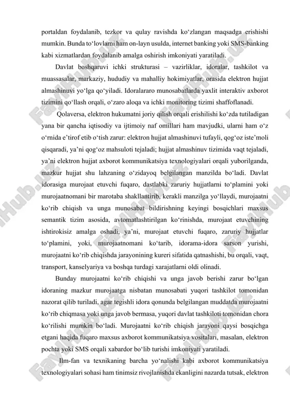 h, elektron hujjat aylanishi, davlat organlari faoliyatining shaffofligi ortishi, doimiy monitoring va hisobot shakllari kabilar amalga oshiriladi. 2) g2c (government to citizens) – davlat fuqarolarga – bu tizimda esa, fuqarolar, yagona davlat interaktiv xizmatlari portali orqali, o‘zlarining davlat organlariga ariza, shikoyat yoki taklif kabi murojaatlarini elektron tarzda yuborishlari va ularga javob olishlari, turli xil davlat xizmatlaridan foydalanishlari, ya’ni, masalan, rasmiy hujjatlarning elektron nusxalarini shakllantirib olishlari, turli xil ma’lumotnoma, xabarnomalarni olishlari, shuningdek turli xil to‘lovlar bo‘yicha tranzaksiyalarni on-layn usulda amalga oshirishlari mumkin bo‘ladi. 3) g2f (government to foreigners) – davlat xorijliklarga – bu tizimda, davlat va xorijlik shaxslar o‘rtasida, milliy qonunchilik va xalqaro hujjatlarga tayangan holda interaktiv xizmatlar ko‘rsatilishi nazarda tutiladi. masalan, viza masalalari, investitsiyalar, ta’lim va turizm sohalariga oid xizmatlar ko‘rsatilishi nazarda tutiladi. 4) g2b (government to business) – davlat biznesga – mazkur tizim esa, yuridik shaxslar, ishbilarmonlar va tadbirkorlar uchun ruxsatnomalar olish, turli xil rasmiy jarayonlarni interaktiv usulda soddalashtirilgan …