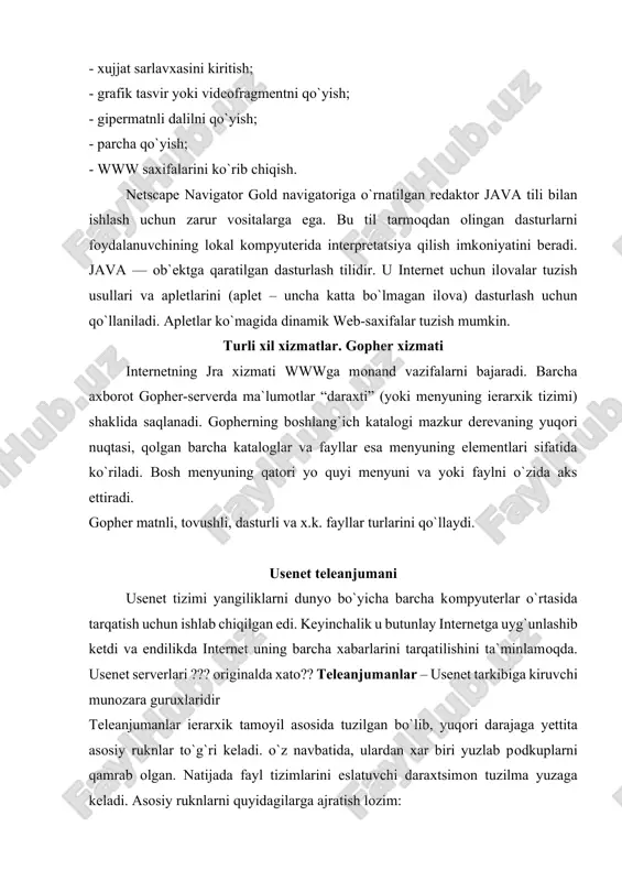 a teleanjumanlarning mintaqaviy taqsimoti mavjud. usenet xizmatiga kirishni teleanjumanlarni tanlash, xabarlar oqimi bilan ishlash, xabarlarni va ularning javoblarini o`qishga imkon yaratadigan maxsus dasturlar boshqaradi. mazkur dasturlar teleanjumanlarga obuna qilish vazifasini bajaradi. agar foydalanuvchi xech qanday cheklashlar kiritmasa, uning xost-kompyuteri aloqada bo`lgan barcha teleanjumanlarga obuna qilinadi. shuningdek, dastur tematik tanlovni amalga oshirishga ko`maklashadi va foydalanuvchini qiziqtirgan yo`nalishdagi xabarlar bilan ta`minlaydi. biron-bir teleanjumanda qatnashish jarayonida xar bir abonent o`zini qiziqtirgan mavzu bo`yicha xabarini jo`natishi mumkin. mazkur protsedurani amalga oshirishning ikki usuli mavjud: · bevosita javobni maqola muallifiga uning elektron pochtasi manzili bo`yicha jo`natish; · o`z xabarini teleanjumanning barcha ishtirokchilari diqqatiga xavola etish. ikkinchi usul “follow-up” atamasi bilan ifodalanadi. usenet internet global tarmog`ining elektron pochtadan keyingi o`rinda turadigan eng ommaviy xizmatidir. fayllarni ftp protokoli yordamida uzatish elektron pochta, birinchi navbatda, turli kompyuter tizimlari o`rtasida matnli ma`lumotni almashishga xizmat qiladi. internet tarmog`idan foydalanuvchilar uchun aloxida fayllar va yaxlit dasturlarni almasha olish imkoniyati muxim axamiyat …