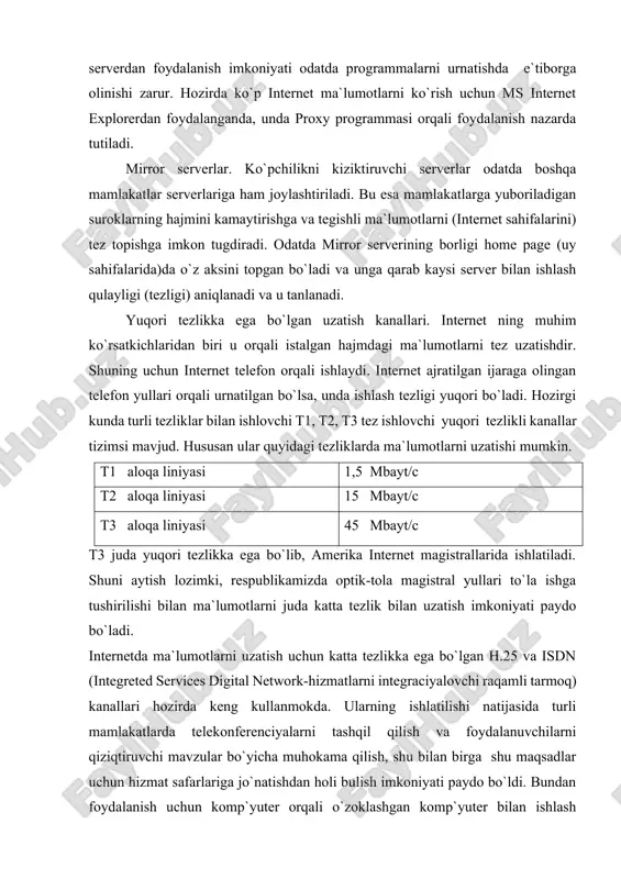 yl .pcx rs paintbrush formatidagi fayl .pdf adobe arcobate programmasidagi fayl .qt qvict tinee formatidagi videorolik .tar unixda tar tipidagi arhiv fayl .tif tiff grafik formatidagi fayl .txt faqat ascii belgilardan iborat txt fayl .wav wave formatidagi tovush fayl .wri write tahrirlovchi yozilgan matn fayl .zip pkzip formatidagi arhiv fayl .z unixda compress programmasi bilan siqilgan fayl shunday fayllarni o`qish uchun mos programma ta`minotidan foydalanish lozimligini eslatamiz. jumladan arhiv fayl-larni o`qish uchun avvalo ular raharhivaciya (boshlangich holiga) qilinishi kerak.url (uniform resource locator – resurslarni ko`rsatuvchi manzil). url qisqacha (yuel) internet manzili va unga kirish usulini (ftp, http, telnet va boshqalar) ko`rsatuvchi vosita bo`lib hizmat qiladi. ma`lumot url ini bilish bu ma`lumot tugrisida to`la informaciya olishni bildiradi. masalanhttp://www.ams.org bunda http orqali aqsh amerika matematika jamiyatida mavjud ma`lumotlarga www(http) orqali kirishni anglatadi. internet yoki har qanday boshqa tcp/ip li tarmoqlarga ulangan har bir komp`yuter bir –birini «tushunadigan» b`olishi kerak. ushbu holat bo`lmasa, …