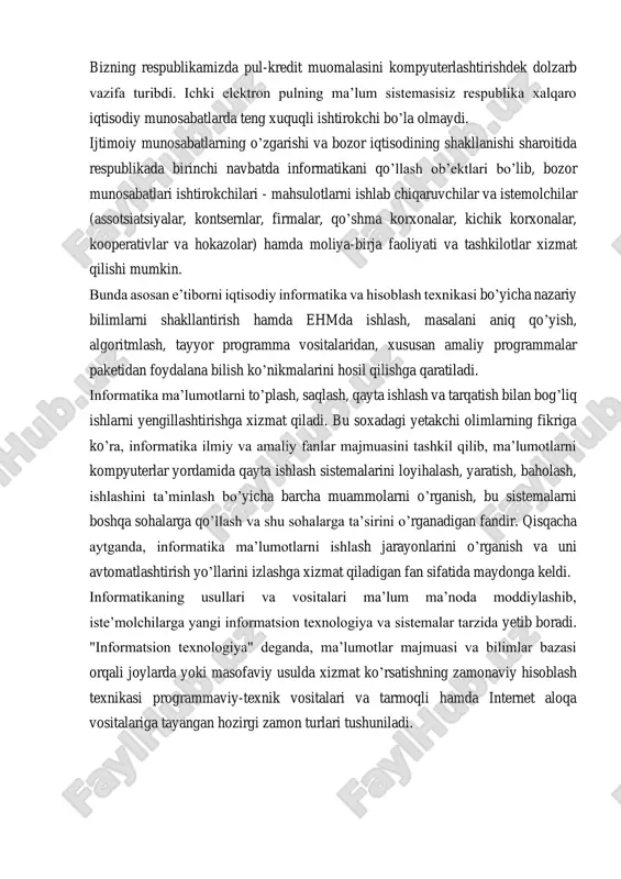 donga keldi. informatikaning usullari va vositalari ma’lum ma’noda moddiylashib, iste’molchilarga yangi informatsion texnologiya va sistemalar tarzida yetib boradi. "informatsion texnologiya" deganda, ma’lumotlar majmuasi va bilimlar bazasi orqali joylarda yoki masofaviy usulda xizmat ko’rsatishning zamonaviy hisoblash texnikasi programmaviy-texnik vositalari va tarmoqli hamda internet aloqa vositalariga tayangan hozirgi zamon turlari tushuniladi. hisoblash texnikasi rivojlanishining tarixi va asosiy bosqichlari. hisoblash texnikasining rivojlanishi tarixini shartli ravishda to’rt katta davrga bo’lishimiz mumkin. 1. mexanik hisoblash qurilmasigacha bo’lgan davr uzoq o’tmishdan boshlanib, to 17 asr boshlarigacha davom etgan. bunda har qanday hisoblash asbobi alohida raqam razryadlariga ega bo’lgan. hisoblash jarayonini ma’lum holatda tosh, yog’och yoki jetonlarni o’rnashtirib turib amalga oshirishni qadimgi rimliklar "kalkulyar" degan lotin so’z bilan atashgan. 2. mexanik qurilmalar davri - 17 asr boshlaridan 19 asr oxirigacha davom etgan. 1623 yil ingliz olimi v. shikkard birinchi bo’lib oddiy qo’shish va olish amalini bajara oladigan mexanik hisoblash mashinasini yaratdi. lekin bu mashina tor doiradagi insonlar …