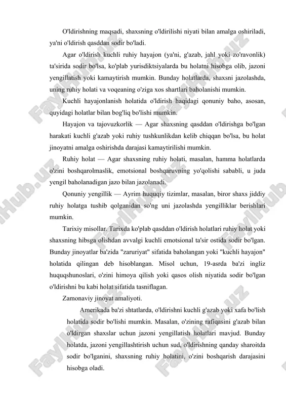 hun jazoni yengillatish holatlari mavjud. bunday holatda, jazoni yengillashtirish uchun sud, o'ldirishning qanday sharoitda sodir bo'lganini, shaxsning ruhiy holatini, o'zini boshqarish darajasini hisobga oladi. rossiya huquq tizimida ham shaxsni o'ldirishning yengillashtiruvchi holatlaridan biri "kuchli hissiy hayajon" holati hisoblanadi. bunday holatlarda, o'ldirishni amalga oshirgan shaxsni qasddan o'ldirish sifatida ko'rmasdan, jazoni yengillashtirish mumkin. ushbu holatlarning har biri, har bir davlatning huquq tizimiga bog'liq tarzda baholanadi, lekin umumiy tarzda, kuchli ruhiy ta'sir ostida sodir bo'lgan o'ldirishning yengillashishi mumkin. madaniy ta'sirlar. o'zini tutish madaniyati, oila va jamiyatdagi ta'lim va tarbiya qanday rol o'ynaydi o'zini tutish madaniyati va tarbiya odamlarning hissiy holatlarini boshqarishda muhim rol o'ynaydi. jamiyatda o'zini tutish, hushyorlik va boshqalar bilan muloqotda hurmatni qadrlash – bu tamoyillar, odatda, tarbiya va madaniy normaga asoslanadi. oila, shuningdek, shaxsning birinchi o'rganish va rivojlanish joyi sifatida, eng muhim ta'sirchan kuch hisoblanadi. oila a'zolari, ayniqsa ota-ona, bolaga hissiy boshqaruv, g'azabni nazorat qilish va qiyinchiliklar bilan kurashishda qanday usullarni …