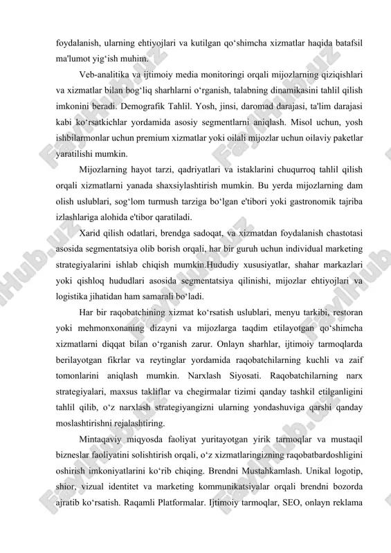 ot uslublari ishlab chiqilishi zarur. buyurtma va xizmat. zamonaviy pos tizimlari va onlayn buyurtma platformalari yordamida jarayonlarni tezlashtirish. inventarizatsiya. oshxonada va restoranda xom ashyolarni nazorat qilish, ta’minotchilar bilan doimiy aloqa o‘rnatish va zaxiralarni boshqarish. standart operatsion protseduralar (sop) ishlab chiqish orqali xizmat ko‘rsatish jarayoni doimiy ravishda nazorat ostida bo‘lib, mijozlarga yuqori sifatli va tezkor xizmat taqdim etish kafolatlanadi. mehmonxona va restoran uchun qulay va strategik joylashuvni tanlash – markaziy joylar, transport infratuzilmasi yaqinligi, yaqin atrofdagi ishbilarmonlik markazlari yoki sayyohlik joylariga yaqin bo‘lishi mijoz oqimini oshiradi. mijozlar uchun qulay kirish, kengaytirilgan parkovka maydonlari va transport muammolarini hal qiluvchi yechimlar ham infratuzilma tarkibida muhim o‘rin tutadi. interyer dizayni biznesning konsepsiyasiga mos, zamonaviy, qulay va mehmonlarni o‘ziga jalb qiluvchi bo‘lishi zarur. bu dizayn mehmonlarning kayfiyatini oshirish va uzoq muddatli mijozlar sadoqatini ta’minlashga yordam beradi. funksionallik va estetika o‘rtasida muvozanatni saqlash, ish faoliyatini samarali tashkil etish uchun qulay ish joylari va mijozlar uchun qulay …
