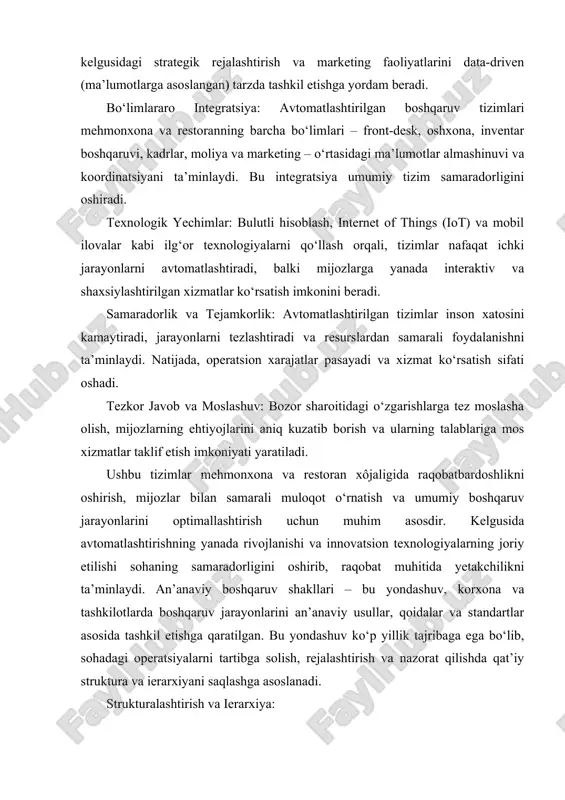 an protseduralar asosida amalga oshiriladi. bu jarayon orqali xatoliklar kamaytiriladi va operatsiyalar barqaror nazorat ostida bo‘ladi. ma’lumotlar va hisobotlar asosida rahbariyat tezkor qarorlar qabul qiladi. an’anaviy boshqaruv shakllari qat’iy normativ hujjatlar, standartlar va protseduralarga asoslanadi. har bir jarayon uchun aniq yozma qoidalar belgilab qo‘yilgan bo‘lib, bu xodimlar o‘rtasida uyg‘unlik va tizimlilikni ta’minlaydi. standart operatsion protseduralar va doimiy nazorat mexanizmlari tufayli, xatoliklar va qoidabuzarliklar minimal darajada bo‘ladi. bu, ayniqsa, xizmat ko‘rsatish sifatining barqarorligini ta’minlashda muhim rol o‘ynaydi. an’anaviy boshqaruv tizimlari qat’iy va tizimli bo‘lib, har bir jarayon aniq tartibga solinadi. yaxshi tashkil etilgan struktura va bo‘limiylashuv tufayli, mas’uliyatlar aniqlanadi va ish oqimi barqaror kechadi. normativ hujjatlar va standartlar mavjudligi tufayli xatoliklar va nizolar kamayadi. ierarxik tizimlar tezkor qaror qabul qilish va innovatsion o‘zgarishlarga moslashishda biroz sust bo‘lishi mumkin. qattiq qoidalar va standartlar ba’zan moslashuvchanlikni cheklashi va raqamli transformatsiyaga kechikish sabab bo‘lishi mumkin. an’anaviy boshqaruv shakllari mehmonxona va restoran xôjaligida uzoq yillar …