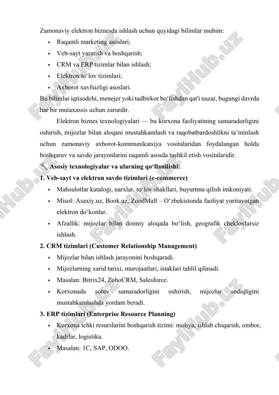 a boshqariladi. 2. mahalliy ishlab chiqaruvchi korxona: · mahsulotlar bo‘yicha online katalog va buyurtma qilish shakli mavjud. · hisob-kitob, ombor, etkazib berish erp tizimi orqali boshqariladi. 3. freelancerlar va kichik bizneslar: · instagram, telegram orqali mahsulot reklama qiladi. · click/payme orqali to‘lovlar qabul qiladi, google sheetsda hisob yuritadi. 📌 korxona uchun foydasi: · xarajatlarni kamaytirish (ofis, hujjatlar, xodimlar soni). · savdoni oshirish va yangi bozorlarni zabt etish. · mijozlar bilan aloqani kuchaytirish. · tezkor qarorlar qabul qilish imkoniyati (real vaqt rejimida hisobotlar). elektron biznes texnologiyalarini joriy etgan korxonalar bozorda ustunlikka ega bo‘lmoqda. bu texnologiyalar yordamida ular nafaqat mijozlar ehtiyojini chuqur tahlil qilmoqda, balki o‘z resurslarini samarali boshqarib, biznes jarayonlarini avtomatlashtirmoqda. o‘zbekiston korxonalari ham asta-sekin bu yo‘nalishga o‘tmoqda, bu esa raqamli iqtisodiyotning mustahkam asosini yaratmoqda. elektron biznesdan foydalanish — bu oddiygina raqamli vositalarni qo‘llash emas, balki korxona ish faoliyatini kompleks tarzda transformatsiya qilish, ya’ni raqamli dunyoga moslashtirishdir. bu transformatsiya korxonaga ko‘plab …