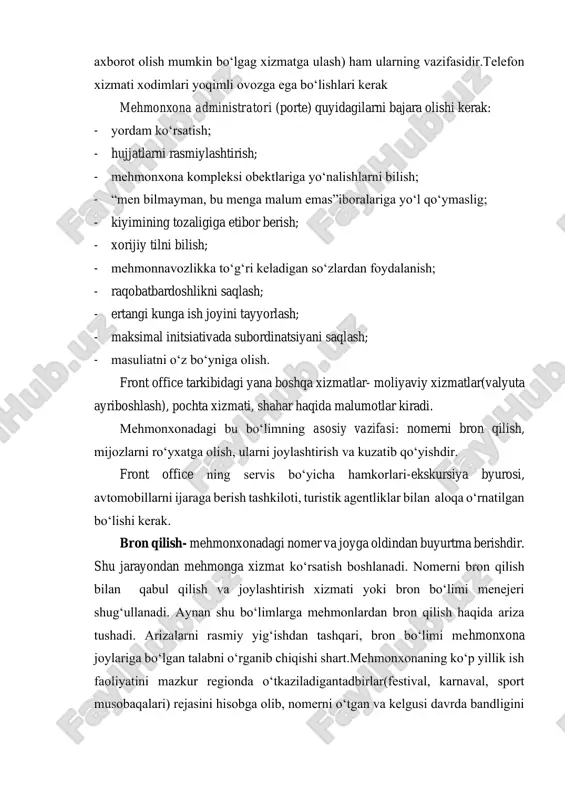 mat ko‘rsatish qoidalari” asosan :”bajaruvchi ikki tomon imzolagan mehmonxonada joyni bron qilish haqidagi shartnoma hujjat tuzish orqali, shuningdek, pochta, telefon orqali bergach, ariza istemolchidan kelayotganligiga ishonch hosil qilinganidan so‘ng bron amalga oshiriladi”. agar tashkilot mehmonxona xizmatidan doimiy foydalanayotgan bo‘lsa, unda malum muddatga shartnoma tuzish maqsadga muvofiqdir.bunda tashkilotga o‘zining tartib raqami beriladi va ushbu tashkilot tomonodan yuboriladigan mijozlarga shartnomaga muvofiq mehmonxonadan jay beriladi. hozirda turfirmalar aniq bir mehmonxona bilan shartnoma tuzishga harakat qilmoqdalar. mehmonxonalar doimiy ravishda mijozlar bilan taminlayotgan turfirmalar uchun chegirmalar belgilaydi. mehmonxona va turfirma o‘rtasidagi shartnomalarga quyidagilar ko‘rsatiladi: turistlarni joylashtirish bo‘yicha arizalar qaysi muddatda berilishi shart, to‘lov qachon va qay tarzda amalga oshiriladi. ko‘pincha bron ijarani eslatadi, chunki chunki uzoq davrda va bir necha nomerlar va hatto qavatlarga tegishli bo‘lishi mumkin. mehmonxona joy yoki nomerini bron qilishning bir necha usullari mavjud:yozma, og‘zaki va kompyuter orqali. pochta yoki faks orqali mijoz mehmonxonada xat-ariza jo‘natadi(pismo- zayavka).xuddi shunday arizani mehmonxona bron bo‘limida …