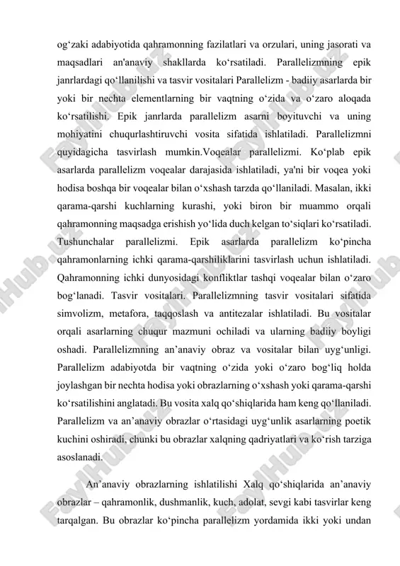 etik vositalar bilan uyg‘unlashib, xalq qo‘shiqlarida asarlarni yanada boyitadi. bunda parallelizm badiiy shakllanishning yanada kuchayishiga yordam beradi. simvolizm va parallelizm. xalq qo‘shiqlarida keng qo‘llaniladigan simvollar, masalan, tog‘, daryo yoki quyosh, parallelizm orqali bir nechta tasvirlar bilan bog‘lanadi va badiiy mazmunini boyitadi. tog‘ obrazining biror qahramonning kuchini ifodalashda ishlatilishi, daryo obrazining esa umid va yuksalish tasvirlarida ishlatilishi parallel tarzda o‘rnatiladi. xalq qo‘shiqlarida obrazlarning badiiy shakllanishi xalq qo‘shiqlari xalqning tarixiy xotirasi, orzu va istaklarini ifodalovchi asarlardir. ular badiiy shakllanishda an’anaviy obrazlardan foydalanib, turli maqsadlarni ko‘zlaydi. xalq qo‘shiqlarida obrazlarning badiiy shakllanishi ko‘p hollarda xalqning ijtimoiy, madaniy va ruhiy holati bilan bog‘liqdir. qahramonlik obrazlarining shakllanishi xalq qo‘shiqlarida qahramonlar odatda o‘zlarining kuchi, jasorati, fidoyiligi, adolatsizlikka qarshi kurashishda namunali obrazlar sifatida shakllanadi. ular ko‘pincha yuksak fazilatlar bilan tasvirlanadi va parallelizm yordamida o‘xshash yoki qarama-qarshi hodisalar bilan taqqoslanadi. qahramonning yuksalishi. ko‘plab xalq qo‘shiqlarida qahramonning yuqori fazilatlari va uning xalq uchun xizmat qilish yo‘lida ko‘rsatgan jasorati tasvirlanadi. parallelizm …