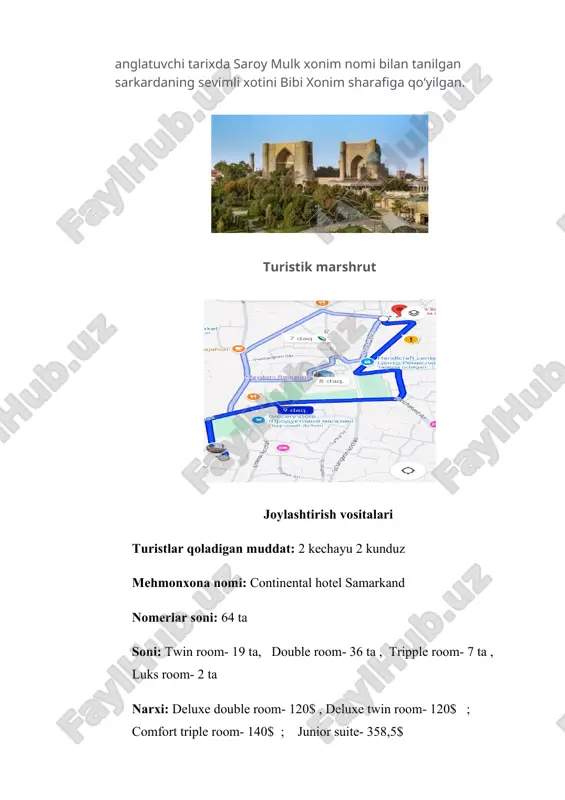 kirish bilet narxi: 7$ jami 10 kishi uchun: 70$ 2-kun turpaket mavzusi: yer kurrasining bezagi- samarqand turpaket maqsadi: samarqandning diqqatga sazovor joylari va qadimiy tarixi bilan tanishtirish va samarqanddagi navzo`r saylini ko`rish sayohat davomiyligi: 13 soat sayohatning boshlanish vaqti: 9:00 2-kun turistik dastur № obyekt nomi vaqt narx 1 yoshlar bog`idagi navro`z sayli 9:20-12:00 free 2 tushlik 12:10-13:30 16$ 3 o`lkashunoslik muzeyi 13:45-15:10 2$ 4 konigul turizm qishlog`i 15:40-17:00 3$ 5 samarqand city 17:15-19:20 free 6 kechki ovqat 19:20-21:00 20$ 7 mehmonxonaga qaytish 21:00-21:15 8 animatsion dastur 21:15-22:00 free obyektlar navro`z bayrami 1. yunesko e'lon qilishicha, navro'z muhim oilaviy an'anadir va bu bayramda pishiriladigan taomlar tozalik, farovonlik va boylikni ifoda etadi. bmtning maorif, fan va madaniyat tashkiloti – yunesko navro'zni insoniyatning nomoddiy madaniy merosi ro'yxatiga kiritgan, bu bayram turli tillarda nawrouz, novruz, nowrouz, nowrouz, nawrouz, nauryz, nooruz, nowruz, navruz, nevruz, nowruz, navruz deb nomlangan. navro'z bayramining qachon vujudga kelgani haqida …