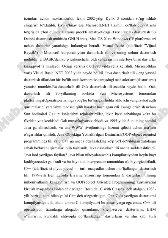 uchun kompilyator degan qo'shimcha dastur kerak bo'ladi. web dasturlashda ham huddi shunday jarayon sodir bo'ladi. siz internetdagi saytlarni ko'rishlik uchun ishlatadiganingiz brauzerlar - web dasturlash tillarining bazilarini kompilyatori hisoblanadi. web dasturlashda yana shunday tillar ham borki ularni brouzer kompyuterga tarjima qilib tushuntirib bera olmaydi, lekin bunday tillar web saytni asosini tashkil etadi. ana shunday tillarni brouzer tushunadigan qilib berish uchun ham web server ga o'xshagan dasturlar (kompilyator yoki interpretatorlar) to'plami kerak bo'ladi. bunday dasturlar esa sayt joylashgan serverlarda turadi, qachonki unga so'rov yuborganingizda (istalgan biror ssilkani bosganingizda, birinchi marta saytni ochganingizda va hokazo...) shu sayt joylashgan serverdagi web server dasturlari sizning brauzeringizga saytni brauzer tushunmaydigan tillarda yozilgan joylarini tarjima qilib jo'natadi. shunday qilib klient - yani siz tomondagi web saytni kodlarini kompyuteringizga tushuntirib beradigan tarjimon bu - brauzer, server tomonidagi web saytni sizning brauzeringiz tushunmaydigan joylarini unga tarjima qilib jo'natadigan tarjimon bu web server hisoblanadi bu yerda klient yani siz …