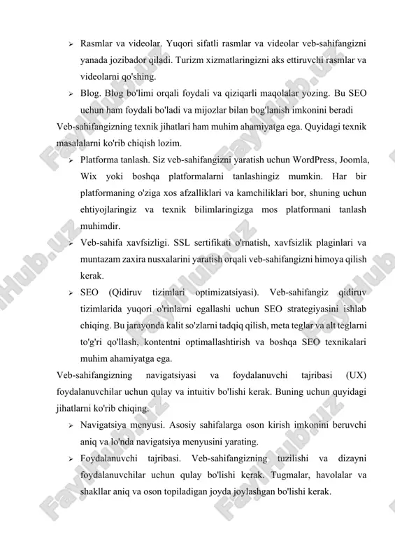 ang va ularni veb-sahifangiz kontentida to'g'ri joylashtiring. · kontentni optimallashtirish. har bir sahifaning sarlavhalari, meta tavsiflari, alt teglar va url manzillarini optimallashtiring. · ichki havolalar. veb-sahifangizdagi sahifalar orasidagi ichki havolalarni yarating, bu qidiruv tizimlarining sahifalaringizni yaxshiroq indekslashiga yordam beradi. · sifatli kontent yaratish. mijozlaringiz uchun qimmatli va foydali kontent yaratish orqali ularning e'tiborini jalb qiling va qidiruv tizimlarida yuqori o'rinlarni egallang. ijtimoiy tarmoqlar veb-sahifangizni targ'ib qilish uchun kuchli vositadir. quyidagi qadamlarni bajaring. · profil yaratish. facebook, instagram, twitter, linkedin va boshqa ijtimoiy tarmoqlarda biznes profilingizni yarating. · kontent joylashtirish. mijozlaringiz uchun qiziqarli va foydali kontentni muntazam ravishda joylashtiring. bu maqolalar, rasmlar, videolar va boshqa turdagi kontent bo'lishi mumkin. · reklama kampaniyalari. ijtimoiy tarmoqlarda pullik reklama kampaniyalarini o'tkazing. bu orqali kengroq auditoriyaga yetib borishingiz mumkin. · mijozlar bilan muloqot. mijozlaringiz bilan faol muloqot qiling, ularning lariga javob bering va fikr-mulohazalarini qabul qiling. elektron pochta marketingi orqali mijozlaringiz bilan to'g'ridan-to'g'ri muloqot qiling …