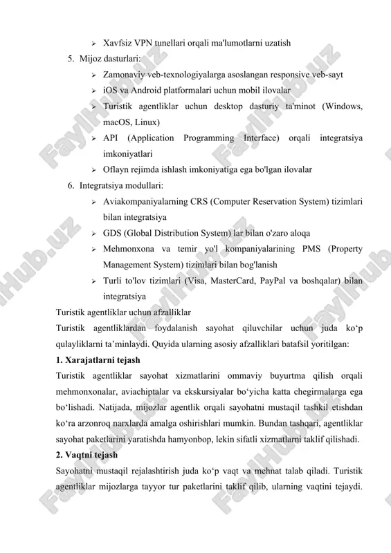 tlari ham taqdim qilinishi mumkin. 5. qo‘shimcha xizmatlar turistik agentliklar nafaqat yo‘nalishlar va mehmonxonalar tanlashda, balki boshqa xizmatlarni ham taqdim etadi. masalan: · viza rasmiylashtirish jarayonida yordam · aeroportdan mehmonxonaga transfer tashkil etish · gid va tarjimon xizmatlari · ovqatlanish va madaniy dasturlarni rejalashtirish bu xizmatlar sayohatchilar uchun qulaylik yaratib, sayohat jarayonini muammosiz o‘tishini ta’minlaydi. 6. eksklyuziv takliflar ko‘plab agentliklar faqat o‘z mijozlari uchun mavjud bo‘lgan maxsus takliflarni taqdim etadi. masalan, maxsus chegirmalar, vip xizmatlar yoki cheklangan miqdordagi sayohat paketlari. bu takliflar mijozlarga mustaqil sayohatga qaraganda yaxshiroq sharoitlar yaratadi. 7. favqulodda vaziyatda yordam sayohat davomida kutilmagan muammolar yuzaga kelishi mumkin, masalan: reys kechikishi, yuk yo‘qolishi, hujjatlar bilan bog‘liq muammolar yoki sog‘liq bilan bog‘liq muammolar. agentliklar o‘z mijozlariga 24/7 yordam ko‘rsatib, yuzaga kelgan muammolarni tezda hal qilishda yordam beradi. turistik agentliklar mijozlarga vaqt va mablag‘ni tejash, sayohatni xavfsiz va muammosiz o‘tkazish, qo‘shimcha xizmatlardan foydalanish hamda eksklyuziv takliflarga ega bo‘lish imkoniyatini beradi. …