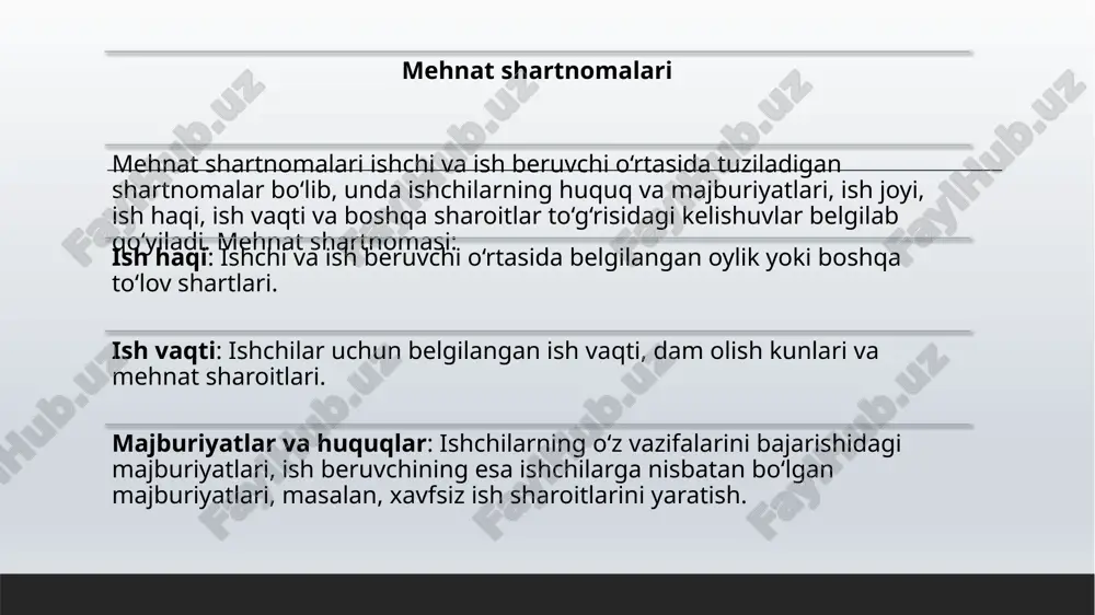 artnomadagi ba'zi shartlar yoki kelishuvlar bajarilmasligi sababli, tomonlar o‘rtasidagi munosabatlar davom ettirilishi mumkin bo‘lmasa, shartnoma bekor qilinishi mumkin. shartnoma bekor qilinishi uchun tomonlarning ikkala tomonining roziligi zarur bo‘lishi mumkin, yoki bitta tomonning talabi asosida yuridik oqibatlar yuzaga kelishi mumkin. o‘zgartirishlar va qo‘shimchalar kiritish shartnoma imzolanganidan keyin, qo‘shimchalar va o‘zgartirishlar kiritilishi mumkin. bunda, shartnomaga kiritilgan har qanday o‘zgartirishlar va qo‘shimchalar, alohida hujjat sifatida rasmiylashtirilishi kerak. bunday o‘zgartirishlar barcha tomonlar tomonidan imzolanishi zarur, chunki faqat shunday holda ular huquqiy kuchga ega bo‘ladi. rasmiylashtirish: shartnoma shartlarini o‘zgartirish yoki qo‘shimchalar kiritish, alohida hujjat sifatida yozma shaklda taqdim etilishi kerak. hujjatda o‘zgartirilgan shartlar aniq belgilab qo‘yilishi va barcha tomonlar tomonidan imzolanishi kerak. o‘zgartirishlar va qo‘shimchalar kuchga kirishi: hamma tomonlar o‘z roziligini bildirganidan keyin, o‘zgartirishlar yoki qo‘shimchalar huquqiy kuchga kiradi va shartnoma yangi tahrirda amal qiladi. aks holda, eski shartnoma shartlari davom ettiriladi. shartnoma huquqi biznes va boshqa huquqiy munosabatlarda muhim rol o'ynaydi, chunki u tomonlar …