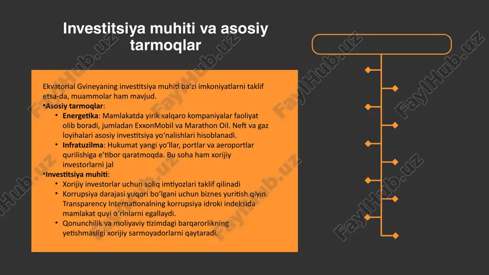 katta bo‘lgan yog‘och xomashyosi. dengiz mahsulotlari: tropik baliq va dengiz mahsulotlari. energetika: ekvatorial gvineya energetika sohasida yetakchi davlatlardan biri bo‘lib, xususan neft va gaz resurslariga boy. o‘zbekistonning neft-gaz sohasidagi texnologik imkoniyatlari va mutaxassislik bazasi gvineyada yangi loyihalarni amalga oshirishda yordam berishi mumkin. shuningdek, qayta tiklanuvchi energiya manbalarini rivojlantirish bo‘yicha hamkorlik qilish istiqbollari mavjud. qurilish: ekvatorial gvineya infratuzilmani rivojlantirishga katta e’tibor qaratmoqda. o‘zbekiston qurilish materiallarini eksport qilish, tajribali qurilish kompaniyalarini jalb qilish orqali loyihalarda ishtirok etishi mumkin. qishloq xo‘jaligi: gvineyaning tropik mevalar va boshqa mahsulotlarni yetishtirish imkoniyatlarini o‘zbekistonning sug‘orish texnologiyalari, o‘g‘itlar va qishloq xo‘jalik uskunalari bilan qo‘llab-quvvatlash mumkin. investitsiya hamkorliklari diplomatik va iqtisodiy munosabatlar imzolangan bitimlar: o‘zbekiston va ekvatorial gvineya o‘rtasida savdo va investitsiya sohalarida bir qator kelishuvlar imzolanishi kutilmoqda. bu kelishuvlar ikki tomonlama munosabatlarni rivojlantirish uchun huquqiy asos yaratadi. savdo-sotiqni rivojlantirish maqsadida bojxona va tariflarni soddalashtirish bo‘yicha qo‘shma ishlanmalar amalga oshirilishi mumkin. xalqaro tashkilotlar doirasidagi hamkorlik: bmt va boshqa tashkilotlar: …