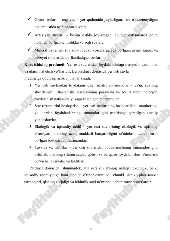 n bosim ostida qanday o‘zgarishi, ulardan ilmiy asoslangan foydalanish usullari haqida dolzarb tahlillar keltirilgan. buxoro davlat universiteti dotsenti n.j. bobomurodovaning 2023 yilda “science and education” jurnalida e’lon qilingan maqolasida o‘zbekiston hududida yer osti suvlarining monitoringi, ifloslanish sabablari va ilmiy asoslangan muhofaza choralarining dolzarbligi yoritilgan. tdpu “botanika va ekologiya” kafedrasi o‘qituvchilari sh.x. saidmuratov va b.b. ishmo‘minovlar 2023 yildagi maqolalarida yer osti suvlariga nisbatan aholi va sanoat bosimi, shuningdek, noto‘g‘ri ekspluatatsiya oqibatlari haqida fikr yuritishgan va zarur chora-tadbirlar taklif etishgan. ekologiya va iqlim o‘zgarishi vaziri a. abduhakimovning 2023 yilgi “atrof-muhit holati to‘g‘risida milliy ma’ruza”dagi chiqishida, yer osti suvlarining strategik ahamiyati, resurslardan samarali foydalanish, ularni ifloslanishdan asrash bo‘yicha davlat siyosatining ustuvor yo‘nalishlari ta’kidlangan. “turon” fanlar akademiyasi a’zosi, senator boriy alixanovning 2024 yil 9-fevral kungi “yashil iqtisodiyot – tabiiy resurslardan samarali foydalanish asosi” nomli maqolasida o‘zbekiston energetika sektorida geotermal yer osti suvlari imkoniyatlaridan foydalanish orqali barqarorlikka erishish zarurati ta’kidlangan. yuqoridagi manbalar asosida shuni aytish …