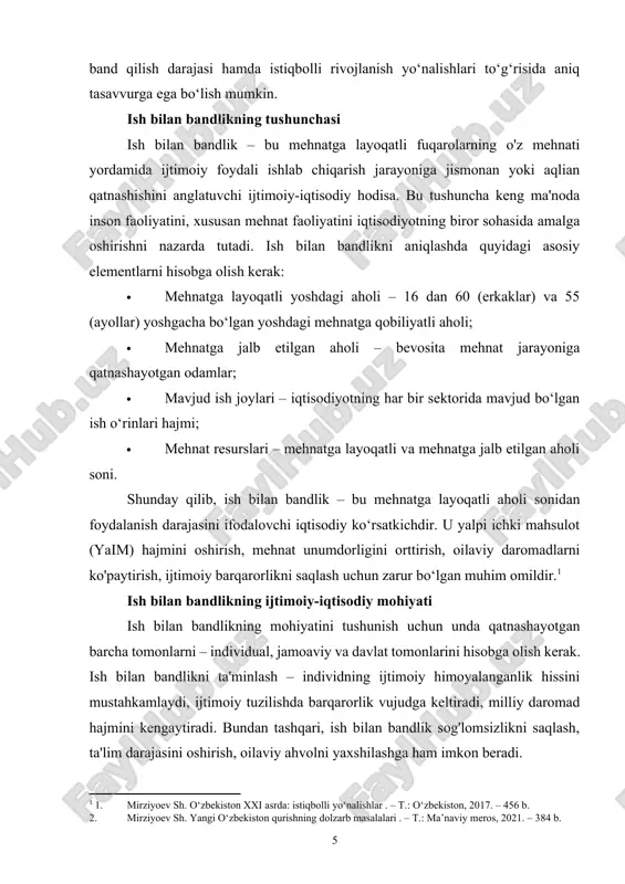 sati aholining umumiy farovonligini ta'minlaydi. shu sababli ham ish bilan bandlik – bu faqatgina individual masala emas, balki strategik iqtisodiy masaladir. ish bilan bandlikning turlari ish bilan bandlik turli belgilar asosida sinflarga ajratiladi. bular quyidagilardan iborat: 1. to'la bandlik va noaniq bandlik · to'la bandlik – ishdagi inson me'yoriy ish vaqtida ishlaydi, daromadi yetarli, ijtimoiy kafolatlar to'liq amalga oshiriladi. bu bandlikning ideal modeli hisoblanadi. · noaniq bandlik – ishni rasmiy ravishda topmagan, lekin ayrim mehnat faoliyatini amalga oshirayotgan shaxslarni anglatadi. masalanen, uyda kasb bilan shug'ullanuvchilar, informal sektorda ishlovchilar. 2. doimiy bandlik va vaqtinchalik bandlik · doimiy bandlik – uzok muddatli ishga qabul qilingan, barqaror daromadga ega, ijtimoiy himoya tizimi ostida turgan bandlik turidir. · vaqtinchalik bandlik – loyihalar, sezon ishlari, yordamchi xizmatlar doirasida cheklangan muddatga ishga qabul qilingan bandlikdir. 3. sektorlar bo'yicha bandlik · qishloq xo'jaligi sektori : dehqonchilik, chorvachilik, bog'dorchilik. · sanoat sektori : neft, gaz, metallurgiya, kimyo sanoati. …