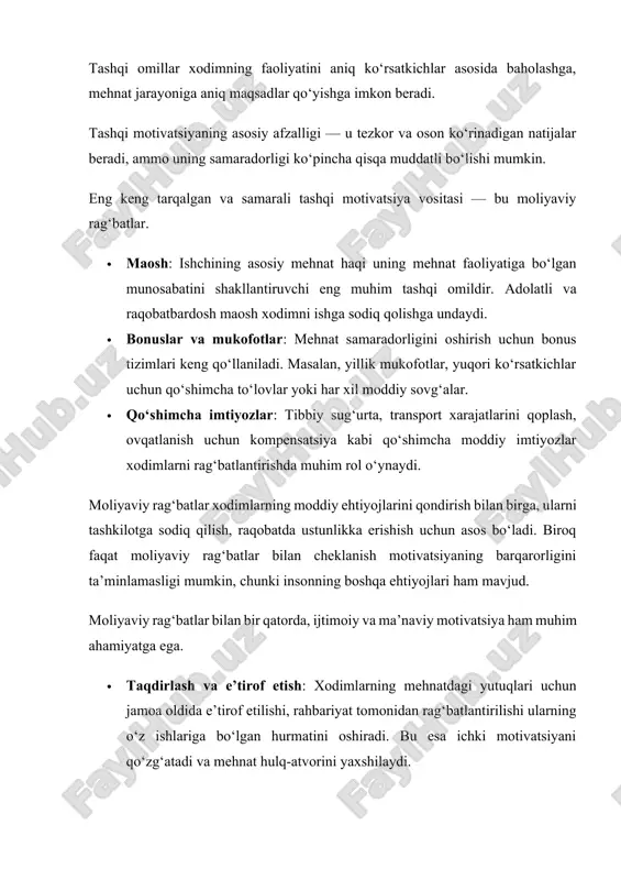 ida ijobiy munosabatlarni rivojlantiradi. ish sharoitlarining qulayligi ham mehnat samaradorligini oshiradi. · ijtimoiy kafolatlar va xavfsizlik: ish joyidagi barqarorlik, ijtimoiy himoya (pensiya, kasallik ta’tili, mehnat sharoitlari) xodimlarni xavfsizlik his qilishga undaydi va ishga sodiqlikni oshiradi. tashqi motivatsiyani samarali qilish uchun tashkilotlar quyidagi yo‘nalishlarda ishlashlari kera · adolatli va shaffof rag‘batlantirish tizimi: xodimlarga mukofotlar, bonuslar va mansab ko‘tarilishi · xodimlarning ehtiyojlarini o‘rganish va hisobga olish: tashqi rag‘batlar tizimi xodimlarning yoshiga, oilaviy holatiga, ish turiga moslashtirilishi zarur. masalan, yosh mutaxassislar uchun professional rivojlanish imkoniyatlari, oilali xodimlar uchun qo‘shimcha ta’til yoki tibbiy yordam kabi imtiyozlar muhimdir. · doimiy aloqa va feedback tizimi: rahbariyat va xodimlar o‘rtasida samarali muloqot bo‘lishi kerak. tashqi rag‘batlar tizimining qanday ishlashi, uning samaradorligi haqida xodimlarning fikrini olish, ularni qoniqtirmagan jihatlarni aniqlash motivatsiyani oshirishda yordam beradi. · ijtimoiy va madaniy tadbirlarni tashkil etish: jamoaviy tadbirlar, bayramlar, sport musobaqalari, treninglar xodimlar o‘rtasida ijobiy munosabatlarni mustahkamlaydi va tashqi motivatsiyani qo‘llab-quvvatlaydi. tashqi motivatsiya …