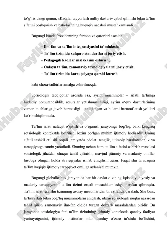 y izlanish olib borish darajasi past. 3. moddiy-texnik bazaning yetarli emasligi ta’lim sifati yuqori bo‘lishi uchun zamonaviy texnologiyalar, laboratoriya jihozlari, internet tarmog‘iga doimiy ulanish kabi infratuzilmalar zarur. bu borada ba’zi ta’lim muassasalari talabga javob bermaydi. 4. akademik halollik muammolari talabalar o‘rtasida nusxa ko‘chirish, ilmiy ishlarda plagiat holatlari, reyting tizimidagi sun’iy ballar kabi holatlar ta’lim sifatining jiddiy muammolaridandir. 5. bitiruvchilarning mehnat bozoriga mos kelmasligi ko‘p hollarda oliy ta’lim muassasalari bitiruvchilari o‘z mutaxassisliklari bo‘yicha ish topa olmaydilar. bu esa oliy ta’lim tizimi bilan mehnat bozori o‘rtasida nomutanosiblik borligini ko‘rsatadi. sotsiologik yondashuvlar va o‘rganish metodlari sotsiologiya fani ta’lim sifatiga oid muammolarni o‘rganishda bir qancha metodlardan foydalanadi. asosiy yondashuvlar quyidagilardan iborat: 1. empirik tadqiqotlar so‘rovnomalar, intervyular, kuzatishlar orqali o‘quvchilar, o‘qituvchilar, ota-onalar va ish beruvchilarning ta’lim sifati haqidagi fikrlari o‘rganiladi. bu orqali mavjud muammolar yuzaga chiqariladi. 2. statistik tahlil o‘quvchilarning o‘zlashtirish darajasi, bitiruvchilarning ish bilan ta’minlanish ko‘rsatkichlari, o‘qituvchilarning malaka darajasi kabi statistik ma’lumotlar asosida holat …