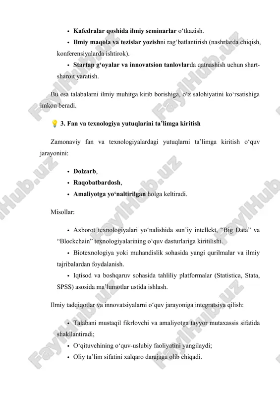 an shaxs ish beruvchilar nazarida faol, tashabbuskor va mas’uliyatli bo‘ · g‘olibliklar va nas tal 🧪 3. misollar va amaliy tajribalar · toshkent davlat iqtisodiyot universiteti, mirzo ulug‘bek nomidagi o‘zbekiston milliy universiteti kabi oliygohlarda har yili “yosh tadqiqotchilar” anjumanlari o‘tkaziladi. · ilm-fan haftaliklari, innovatsion g‘oya tanlovlari orqali talabalar o‘z ishlanmalari bilan ishtirok etadilar. · ba’zi talabalar o‘z ilmiy ishlari asosida patent olgan yoki amaliyotga tatbiq qilinadigan loyihalar ishlab chiqqan (masalan, ekologik toza mahsulotlar ishlab chiqarish texnologiyalari, raqamli ilovalar, logistika tizimi modellarini taklif etganlar). oliy taʼlim muassasalari taʼlim jarayonida talabalarni faollikka undash, ularning mustaqil fikrlashini rivojlantirish va ilmiy izlanishga bo‘lgan qiziqishini oshirish bugungi kunda ustuvor yoʻnalishlardan biri hisoblanadi. ilmiy izlanishlarda talabalarning ishtiroki ularning o‘zlashtirish ko‘rsatkichlarini, kasbiy salohiyatini oshirishga xizmat qilishi bilan birga, iqtidorli yoshlarni aniqlash va ularni ilmiy faoliyatga yo‘naltirishning eng samarali vositasi hisoblanadi. ilmiy izlanish mohiyati va talabalar faoliyati ilmiy izlanish – bu yangi bilimlarni yaratish, mavjud muammolarga ilmiy asoslangan …