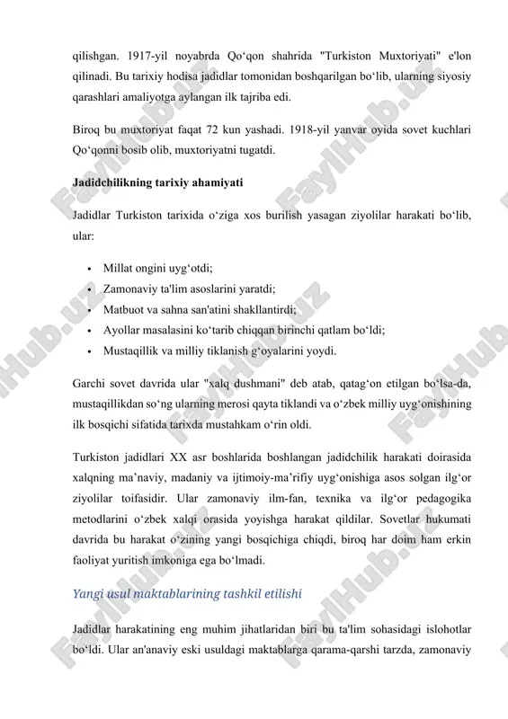 dramalari bilan xalq orasida mashhurlikka erishdi. ayollar ta’limi va huquqlari uchun kurash jadidlar ayollar ta’limiga alohida e’tibor qaratganlar. ular ayollarning jamiyatdagi o‘rni, ilm olish huquqi, tibbiy xizmatdan foydalanish kabi masalalarda ilg‘or g‘oyalarni ilgari surishgan. ayniqsa: · qizlar maktablari ochilishi; · ayollar uchun alohida darslik va o‘quv dasturlar ishlab chiqilishi; · teatr va publitsistikada ayol obrazining yoritilishi jadidlar faoliyatida muhim o‘rin tutgan. bu harakatlar o‘sha davrda ortodoksal diniy guruhlar tomonidan qarshilik bilan kutib olingan bo‘lsa-da, sovet hukumati boshida bu islohotlarga ijobiy munosabat bildirgan. ammo keyinchalik "millatchilik" va "kontrrevolyutsionlik" degan tamg‘alar bilan bu tashabbuslar bostirildi. darsliklar va pedagogik adabiyotlar yozilishi jadidlar zamonaviy darsliklar, metodik qo‘llanmalar, o‘quvchilarga mo‘ljallangan kitoblar yozib, ularni nashr ettirganlar. jumladan: · abdulla avloniyning "turkiy guliston yoxud axloq", "birinchi muallim", "ikkinchi muallim" asarlari; · mahmudxo‘ja behbudiyning "risolayi jadida", "muallimi sano", "kitobat usuli" kabi risolalari; · fitratning tarix, adabiyot va diniy masalalar bo‘yicha kitoblari xalq orasida keng tarqalgan. ushbu darsliklar xalqni …