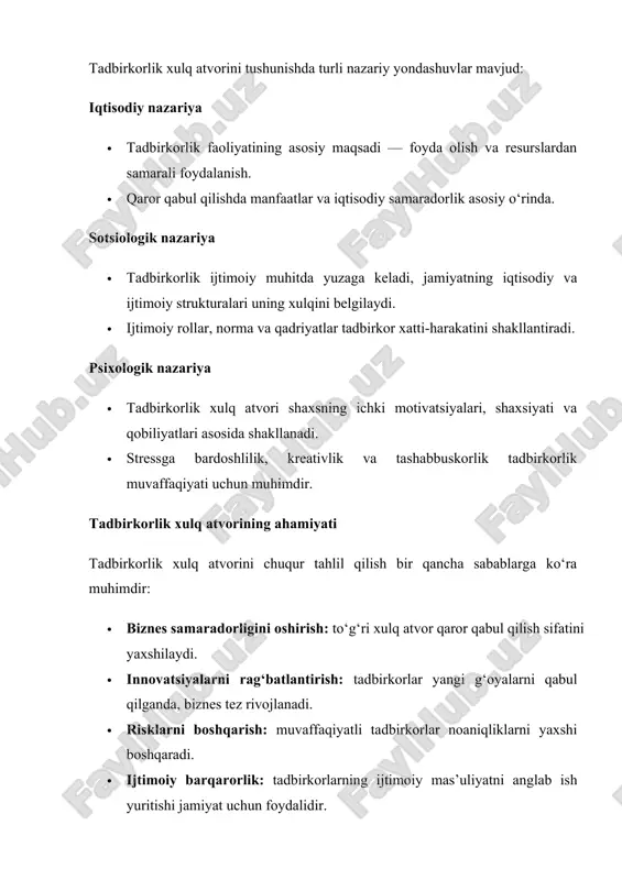 jamiyatdagi umumiy muhitni o‘z ichiga oladi. sotsiomadaniy omillar — bu jamiyatdagi ijtimoiy va madaniy elementlar bo‘lib, ular shaxslarning xatti-harakatlariga, qarorlariga va faoliyatiga ta’sir ko‘rsatadi. bu omillar quyidagilarni o‘z ichiga oladi: · ijtimoiy omillar: oila, do‘stlar, jamiyatdagi ijtimoiy rollar, ta’lim tizimi, ijtimoiy tarmoqlar. · madaniy omillar: diniy e’tiqodlar, urf-odatlar, qadriyatlar, til, madaniy me’yorlar. bu omillar tadbirkorlik faoliyatiga bevosita va bilvosita ta’sir ko‘rsatadi. diniy e’tiqodlar tadbirkorlarning biznes yuritish uslubiga sezilarli ta’sir ko‘rsatadi. masalan, islom dini halol mehnat, adolat, va foydaning adolatli taqsimlanishini targ‘ib qiladi. bu qadriyatlar musulmon tadbirkorlarning biznes yuritishida aks etadi. oila va yaqin ijtimoiy tarmoqlar tadbirkorning motivatsiyasi, resurslarga kirish imkoniyati va qaror qabul qilish jarayonida muhim rol o‘ynaydi. oila tomonidan qo‘llab-quvvatlash yoki aksincha, qarshilik ko‘rsatish tadbirkorlik faoliyatining muvaffaqiyatiga ta’sir qiladi. jamiyatdagi umumiy madaniy qadriyatlar, masalan, riskka munosabat, muvaffaqiyatsizlikka qarash, va innovatsiyalarga ochiqlik, tadbirkorlik xulq-atvorini shakllantiradi. masalan, muvaffaqiyatsizlikni o‘rganish imkoniyati deb biladigan madaniyatlarda tadbirkorlar ko‘proq innovatsion va riskli loyihalarga kirishadilar. o‘zbekistonning …