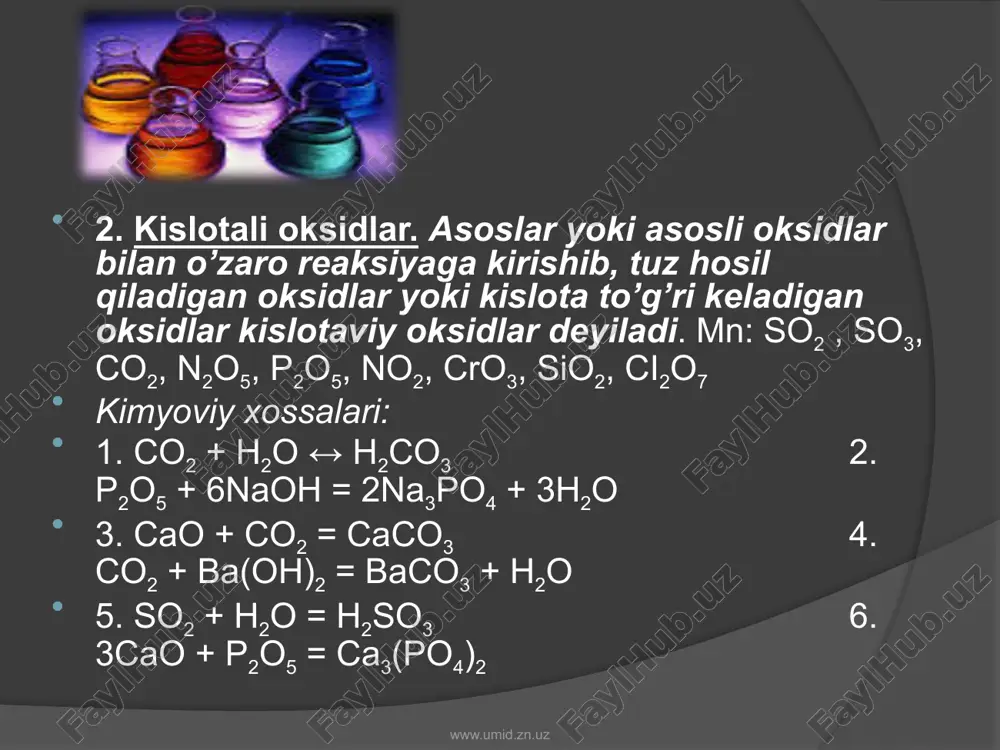 iy nomi bilan: naci - osh tuzi; na2co3 – sodda, k2co3 – potash; kno3 – kaliyli selitra. www.umid.zn.uz 2.nordon tuzlar. kislota tarkibidagi h2 atomlarining bir qismi metallga almashinganda hosil bo’lgan tuz nordon (gidro) tuz deyiladi. nomlanishi. nahso4 – natriy bisulfat (yoki natriy gidrosulfat); nahco3 – natriy bikarbonat (yoki natriy gidrokarbonat); nah2po4 – natriy digidrofasfat; ca(h2po4)2 – kalsiy digidrofasfas;, ai2(hpo4)3 – alyuminiy gidrofosfat nordon tuz suvli eritmaldarida quyidagicha dissosiyalanadi: nahso4↔na++hso4-; hso4- ↔ h+ + so4-2 www.umid.zn.uz olinishi: 1. kislotalarga oz miqdorda asos ta’sir etirib: h2so4 + koh = khso4 + h2o 2. normal tuzlarga kislotalar ta’sir etirib: ca3(po4)2 + h3po4 = 3cahpo4 ca3(po4)2 + h3po4 = ca(h2po4)2 3. ishqorlarga kislotali oksidlar mo’l miqdorida ta’sir etirib: ba(oh)2 + 2co2 = ba(hco3)2 4. tuzlar gidrolizga uchraganda: k2co3 + h2o = khco3 + koh 3. gidroksid tuzlar. tarkibida metall atomi kislota qoldig’i va gidroksid guruh bo’lgan tuzlarga gidroksid tuz deyiladi. mn: sr(oh)2no3, mgohci, fe(oh)2ci. …