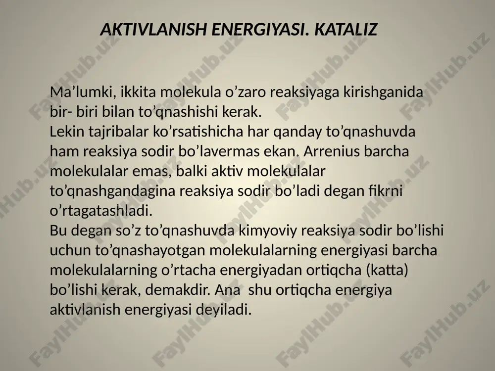 zgarishiga olib keladi. sanoatda gamogen kataliz bilan bir qatorda geterogen katalizda ham ken ko’lamda foydalaniladi. getrogen kataliz reaksiyaga kirishuvchi moddalar bilan katalizator turli agregat hollrda bo’ladigan reaksiyalar geterogen deyiladi. amalda uchraydigan geterogen katalizning ko’pida katalizatorlar qattiq modda reaksiyaga kirishuvchilar esa suyuqlik yoki gazlar bo’ladi. shuning uchun geterogen katalizning barcha jarayonlarida reaksiya katalizatorning sirtida boradi. demak, katalizator sirtining kattaligi va xossalari sirt qatlamining kimyoviy tarkibi tuzilishi va holati katalizatorning aktivligida muhim rol o’ynaydi. geterogen katalizda katalizator sirtning ahamiyati kattaligi sababli sirtdagi atomlar sonini ko’paytirish uchun maydalangan aktiv moddalar ishlatiladi. lekin kukunsimon katalizatornigaz oqimi osongina ishlashtirib olib ketadi, ko’p miqdorda olinganda esa oqimga katta qarshilik ko’rsatadi. shu sababli odatda inertmaterialga (silkagelga, alyumogelga) cho’ktirilgan aktiv moddalar ishlatiladi yoki aktiv moddaning o’zini jarayonlab g’ovak tabletka sharcha yoki slindrlar shaklida katalizatorlar hosil qilinadi. geterogen kataliz asosan moddaning katalizator sirtiga adsorbilanishi bilan bog’liq. reaksiyaga kirishuvchi moddalar katalizator sirtiga adsorbilanib reaksiyaga kirishadi, so’ngra hosil bo’lgan mahsulotlar katalizator …