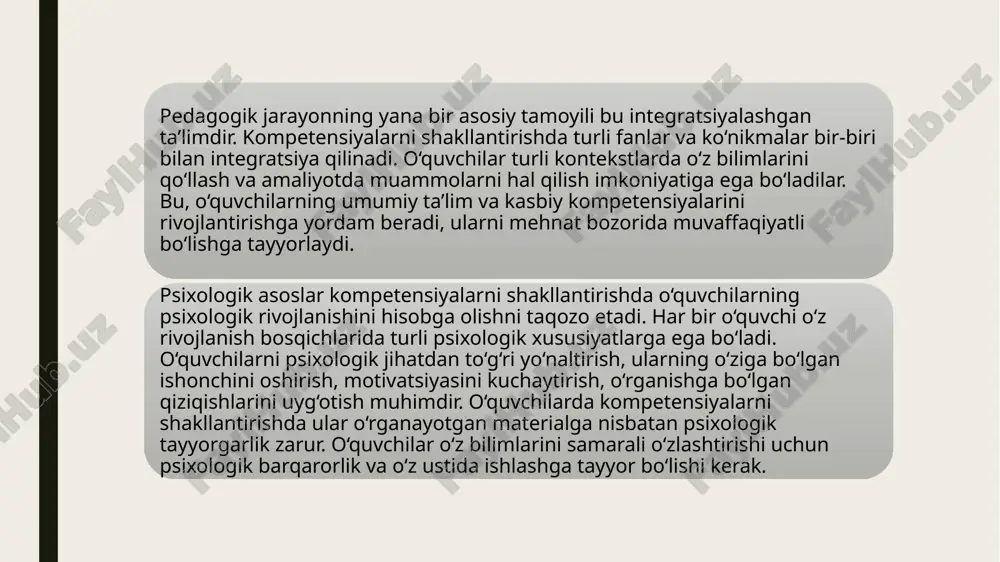 biliyatlarini ham o‘z ichiga oladi. faoliyatga asoslangan ta’lim va kompetensiyalar o‘rtasidagi uyg‘unlik shundaki, fat o‘quvchilarga kompetensiyalarni shakllantirishda yordam beradi. fat orqali o‘quvchilar o‘zlarining bilim va ko‘nikmalarini amaliy faoliyat orqali rivojlantiradilar, bu esa o‘z navbatida, ularning kompetensiyalarini shakllantirishga xizmat qiladi. fat o‘quvchilarga amaliy muammolarni hal qilish, real vaziyatlarda qaror qabul qilish, jamoada ishlash kabi kompetensiyalarni rivojlantirishga imkon beradi. faoliyatga asoslangan ta’limning kompetensiyaga ta’siri quyidagicha: amaliy ko‘nikmalarni rivojlantirish: faoliyatga asoslangan ta’limda o‘quvchilar o‘zlarini real vaziyatlarda sinab ko‘radilar. ular o‘rgangan bilimlarini hayotiy vaziyatlarda qo‘llashni o‘rganadilar. shunday qilib, fat orqali o‘quvchilar amaliy ko‘nikmalarni, masalan, muammolarni hal qilish, vaqti-vaqti bilan qaror qabul qilish, ishlarni boshqarish va boshqalar kabi kompetensiyalarni rivojlantiradilar. mustaqil fikrlash va innovatsion yondashuvlarni rivojlantirish: faoliyatga asoslangan ta’lim o‘quvchilarga o‘z fikrlarini mustaqil ravishda rivojlantirish, yangi g‘oyalar yaratish va yaratgan g‘oyalarni amaliyotda tatbiq qilish imkoniyatini beradi. bu, o‘z navbatida, innovatsion fikrlash va kreativlik kabi kompetensiyalarni shakllantirishga yordam beradi. innovatsion yondashuvlar va interaktiv metodlar ta’lim jarayonining …
