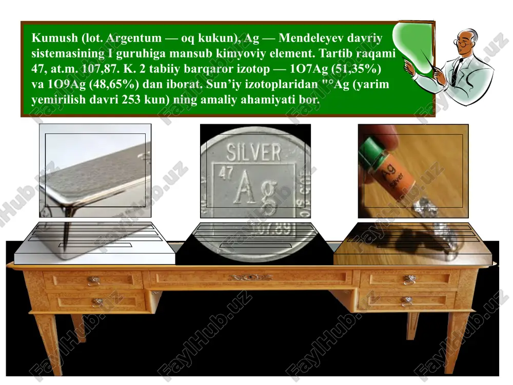 qizdirilgan holatda kumush oltingugurt bilan tasirlashib ag2s hosil qiladi. bu birikma kumushdan oltingugurtni gaz holatda o’tkazishdan qaysiki sulfid minerallarining parchalanishidan chiqqan gaz tasirida sodir buladi. vodorodsulfidning oxista tasirlashuvi natijasida ham kumush yuzasida qora parda hosil bo’ladi ag2s. bu jarayon kumush buyumlarning vakt utishi bilan korayib kolish jarayonini izohlaydi. shuning bilan birgalikda kumush xlor, brom va yod bilan tasirlashib mutanosib ravishda ushbu metalmas galogenlarini xosil kiladi. bu jarayonlar oddiy sharoitda sekin kechib, namlik yoxud temperatura tasirida tezlashadi. kumush kimyoviy birikmalarda bir valentli, ammo uning 2 va 3 valentli bo‘la olish hollari ham uchraydi. uy sharoitida, namli havoda kumush metali sirtida yupqa 12a, qalinlikdagi kislorod pardasi hosil bo‘ladi, harorat osha borishi bilan, kislorod pardasi ham qalinlashadi. harorat 4000c0 ga yetganda kislorod kumushda ag2o sifatida eriydi. bosim 414 atm. bo‘lganda ago2 sistemasida 5070c0 da evtektika holati kuzatiladi (evtektika shu birikmada ikki elementning bir-birida eriy olish qobiliyatidir), (masalan ago2 - 51%). eriyotgan kumush o‘ziga …