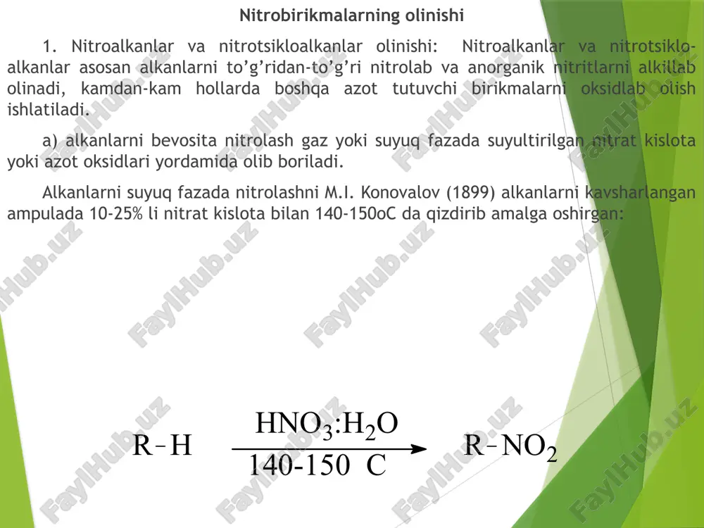 mononitroarenlar kuchsiz elektronoaktseptorlar. bir nechta nitroguruhni kiritilishi ularni kuchli akseptorlarga aylantiradi. rentgenostruktur analiz ko’rsatishicha nitrobenzolda bog’ uzunligi benzolga nisbatan kam o’zgargan bo’ladi. effektiv π-elektronli zaryadlar ko’rsatishicha, o- va p-xolatlarda elektronlar tanqisligi kuzatiladi, bu esa elektrofil reagentni ushbu xolatlarga hujum qilish ehtimolligini pasaytiradi. nitrobenzol va boshqa nitroarenlar spektrni ultrabinafsha spektrida intensiv yutilishga ega bo’ladilar. ikki va undan ko’p nitroguruh tutgan nitroarenlar nurlanishni ko’zga ko’rinadigan sohasida ham yutilishga ega bo’ladilar, ularni sariq rangi shu bilan tushuntiriladi. nitrobirikmalarning kimyoviy xossalari 1. nitroalkanlarning kimyoviy xossalari. nitroalkanlarning kimyoviy o’zgarishlari nitroguruh reaksiyalari (qaytarilish, gidroliz) va α-uglerod atomi reaksiyalaridan tashkil topadi: a) nitroalkanlarning qaytarilishi. qaytaruvchilar (metall va kislota, quyi oksidlanish darajasidagi metallar tuzlari - sn2+, ti3+ kislotali sharoitda, oltingugurt birikmalari m2sx, na2s2o4, katalizator ishtirokida vodorod) ta'sirida yoki elektrolitik yacheyka katodida nitroalkanlar qaytariladi. bu jarayon bosqichli boradi. birinchi bosqichda elektron birikib beqaror anion-radikal hosil bo’ladi. keyin tezda dianion hosil bo’lib ikkinchi elektron birikadi: dianionga proton birikishidan nitrozobirikma hosil …