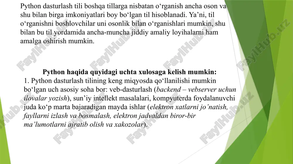 ddiy, o‘rganishga oson, sodda sintaksisga ega, dasturlashni boshlash uchun qulay, erkin va ochiq kodlik dasturiy ta’minot. 2. dasturni yozish davomida quyi darajadagi detallarni, misol uchun xotiraniboshqarishni hisobga olish shart emas. 3. ko‘plab platformalarda hech qanday o‘zgartirishlarsiz ishlay oladi. 4.interpretatsiya qilinadigan til. 5. kengayishga moyil til. agar dasturni biror joyini tezroq ishlashini xoxlasak shu qismni c yoki c++ dasturlash tillarida yozib keyin shu qismni python kodi orqali ishga tushirsa(chaqirsa) bo'ladi. 6.juda ham ko'p xilma-xil kutubxonalarga ega. 7.xml/html fayllar bilan ishlash 8.http so`rovlari bilan ishlash 9. gui(grafik interfeys) 10.veb saytlarni yaratish 11.ftp bilan ishlash 12. rasmli audio video fayllar bilan ishlash 13.robot texnikada 14.matematik va ilmiy hisoblashlarni dasturlash python dasturini o‘rnatish qoidalari https://www.python.org/ shuni alohida ta’kidlash kerakki, dastur o‘rnatib bo‘lingach, python dasturlash tilining ishchi stoliga alohida belgisi hosil bo‘lmaydi. shuning uchun dasturni pusk orqali ishga tushiramiz. har doim yangi dastur bilan ishlashda idle ni ishga tushiramiz. idle ni ishga tushirish tartibi har …